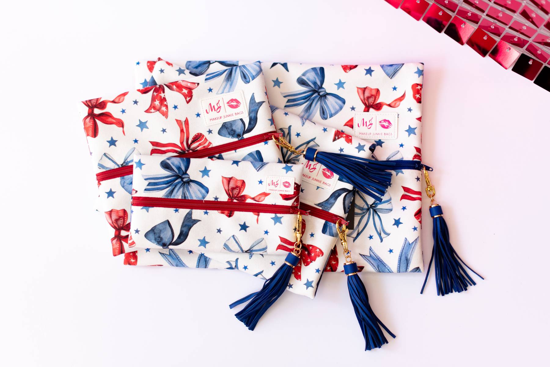 Red, White, & Bow Makeup Junkie Pouches-Makeup Bags-Dear Me Southern Boutique, located in DeRidder, Louisiana