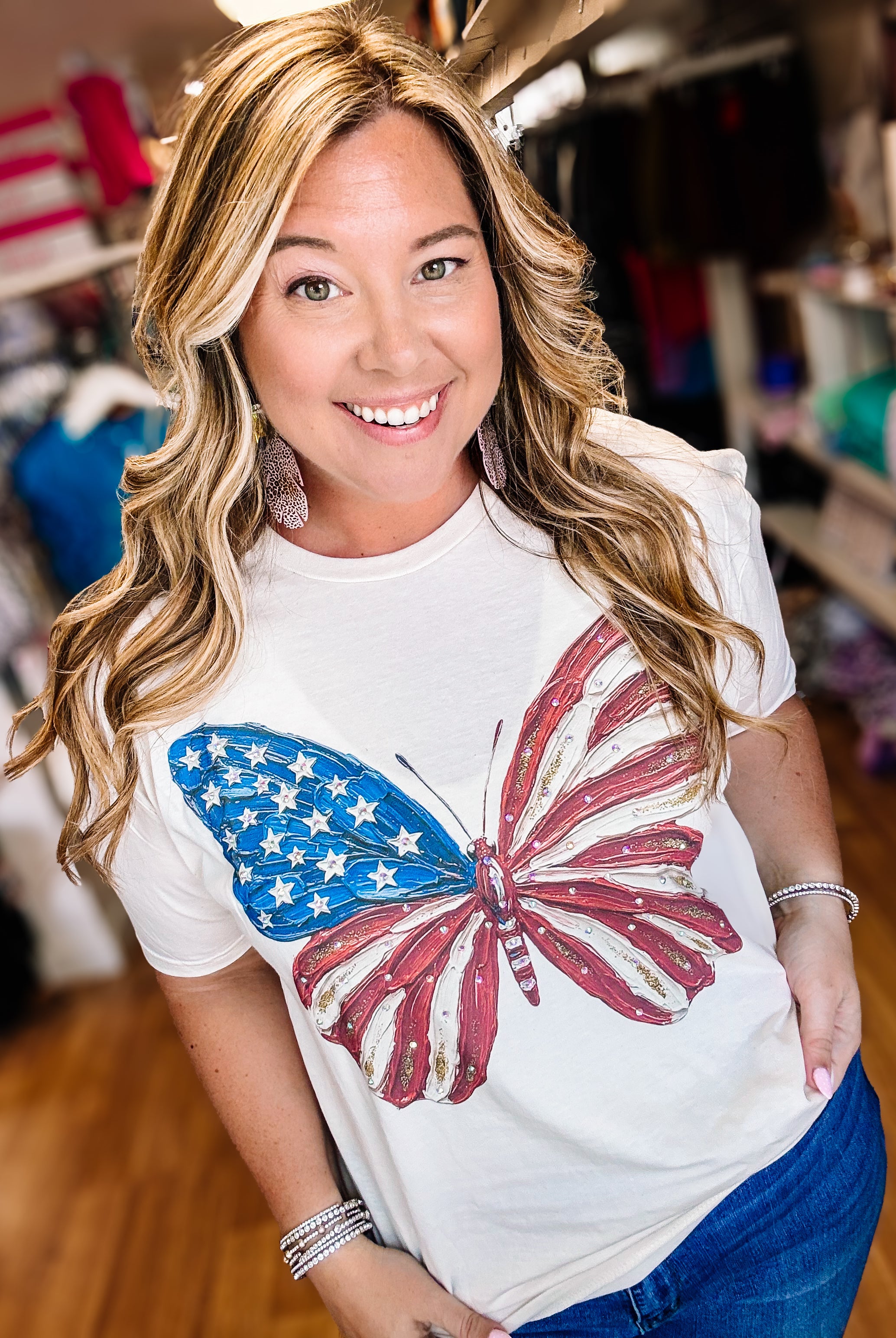 Red, White & Flutter Bougie Rhinestone Tee-Dear Me Southern Boutique, located in DeRidder, Louisiana