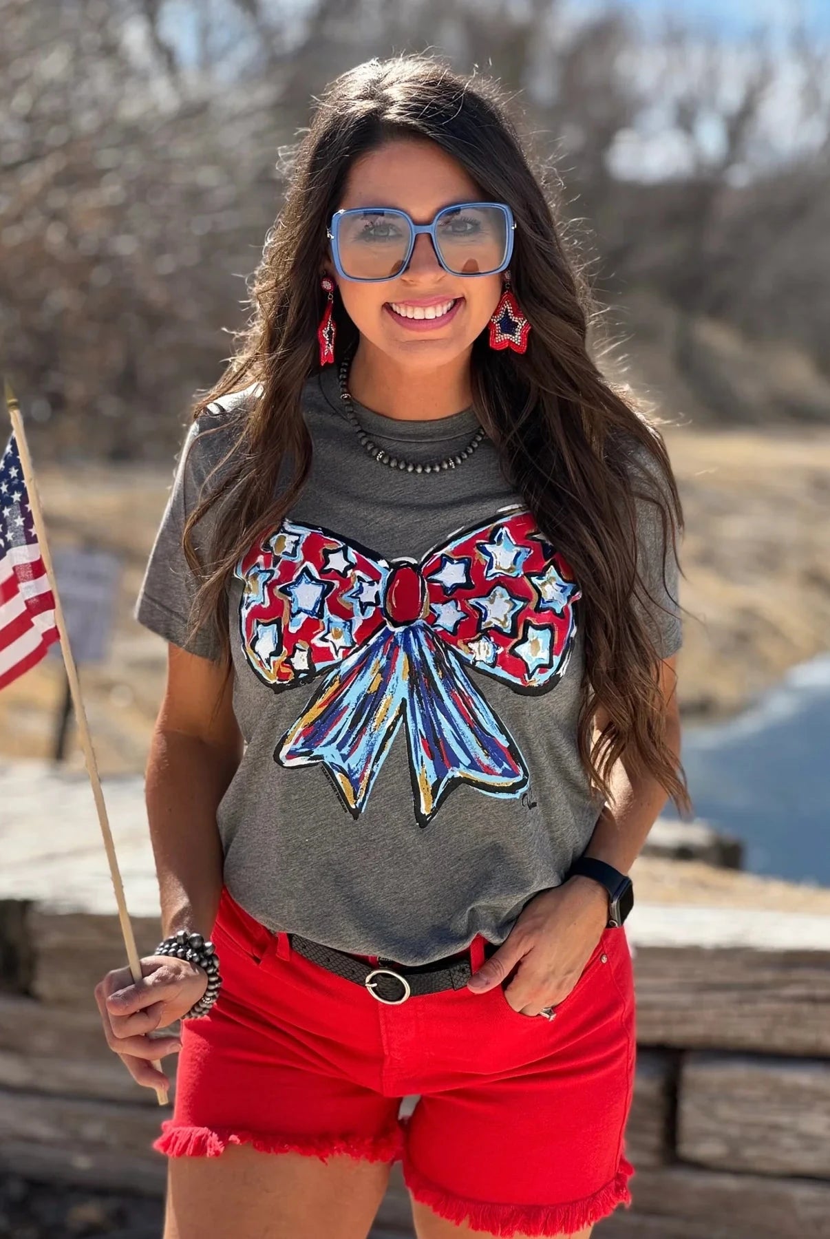 Red White and Bow Tee-Graphic Tops-Dear Me Southern Boutique, located in DeRidder, Louisiana