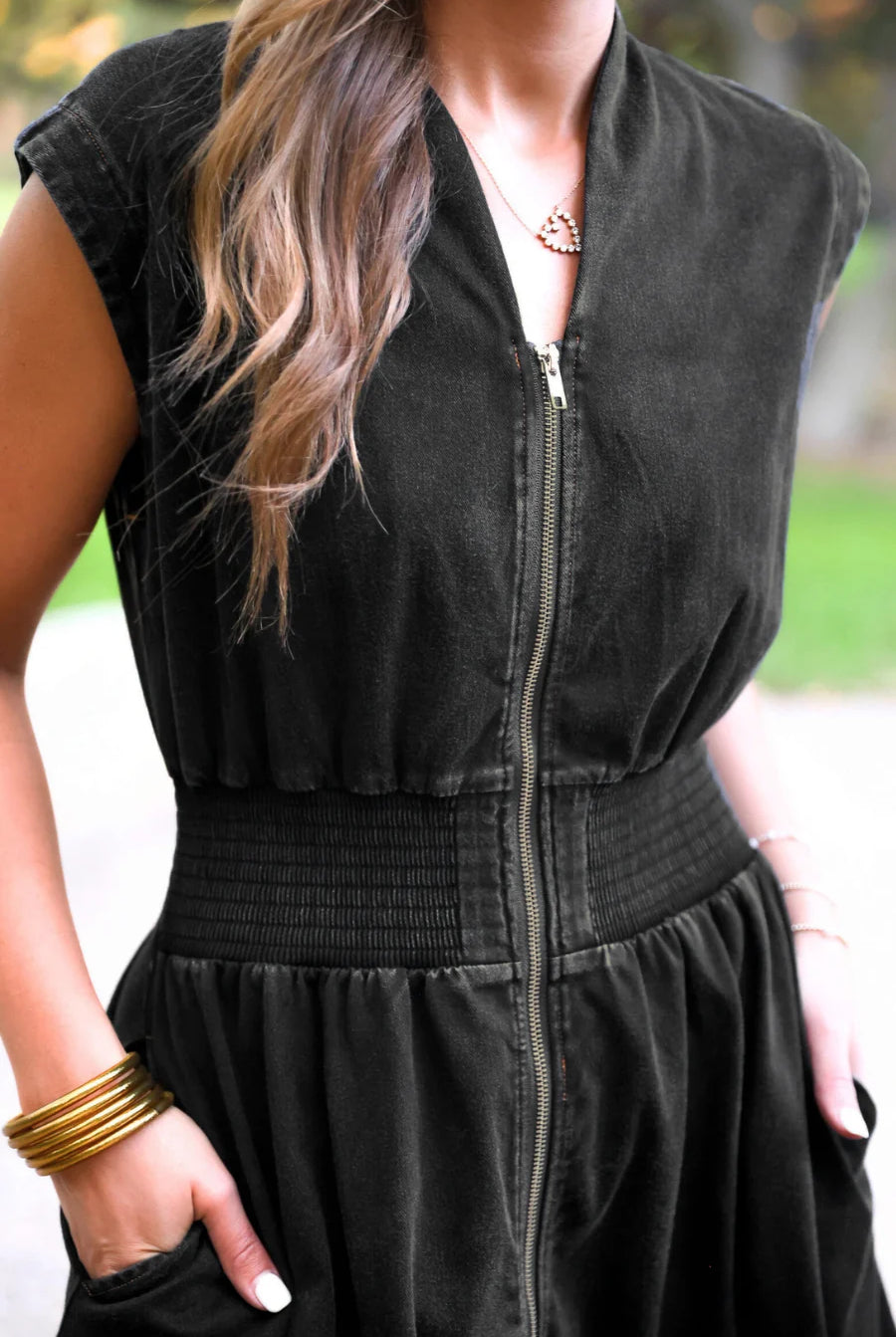 Refined Denim Zipper Dress- Black Wash-Dresses-Dear Me Southern Boutique, located in DeRidder, Louisiana