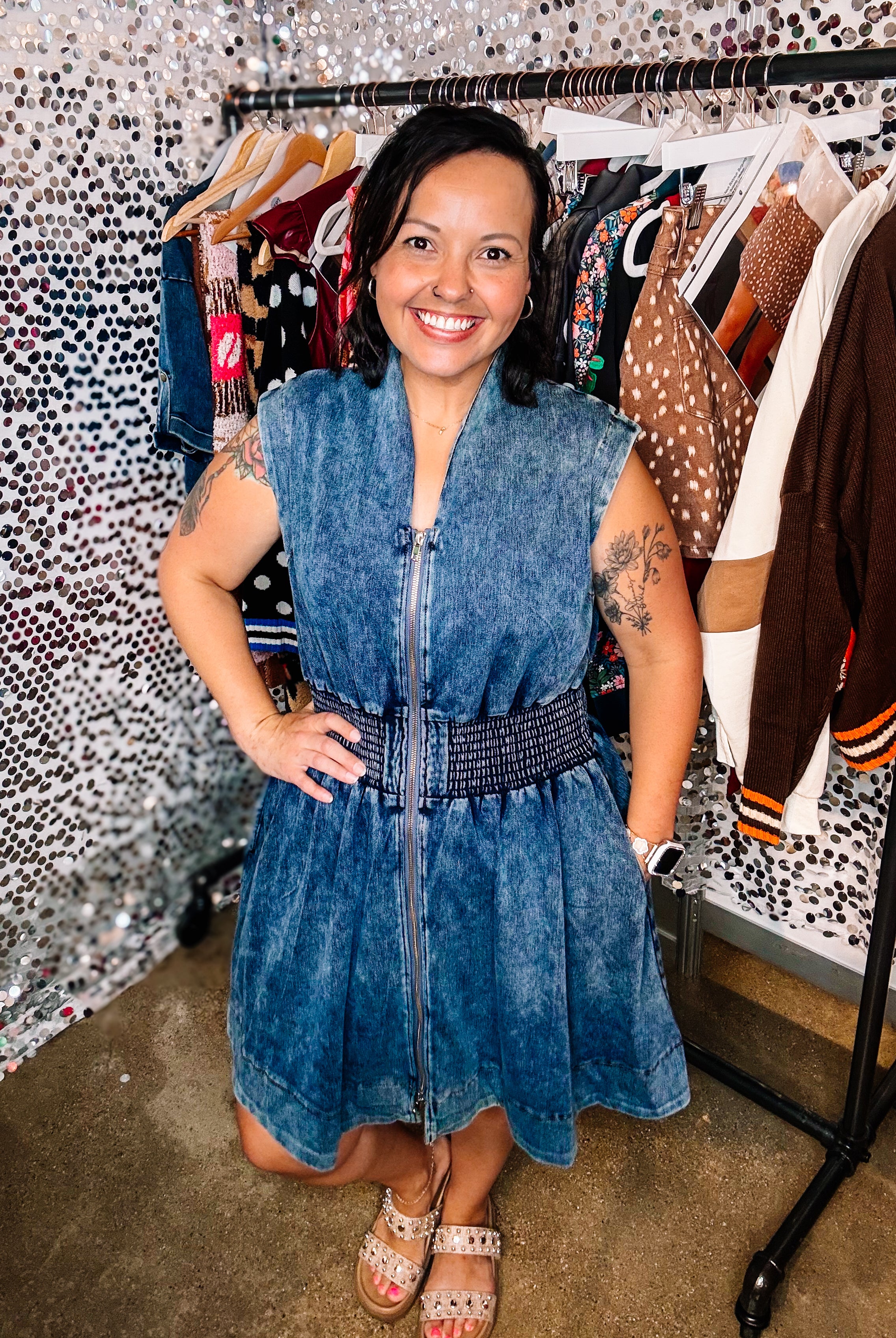 Refined Denim Zipper Dress-Dresses-Dear Me Southern Boutique, located in DeRidder, Louisiana