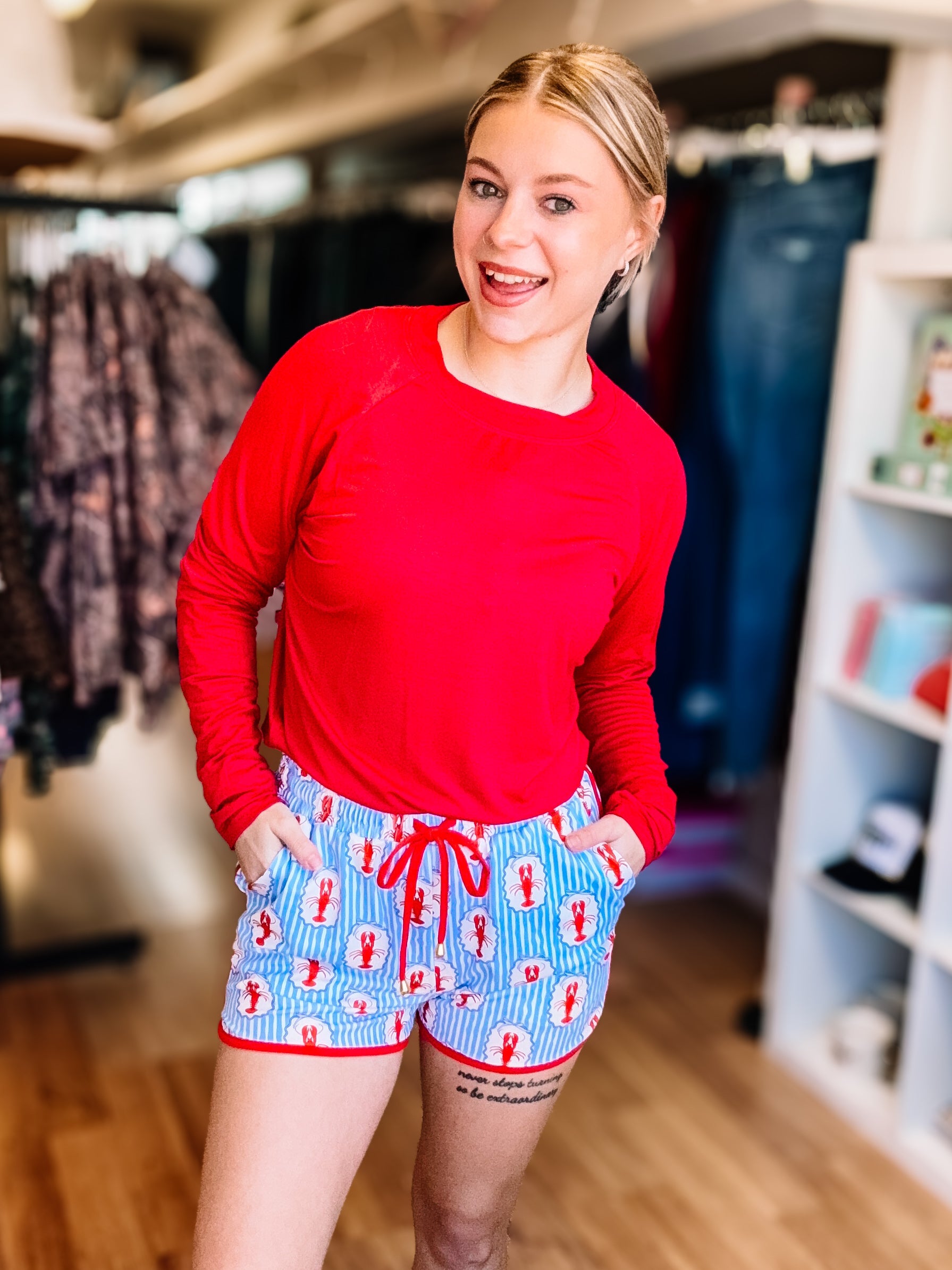 Regal Crawfish Striped Everyday Shorts-Everyday Shorts-Dear Me Southern Boutique, located in DeRidder, Louisiana