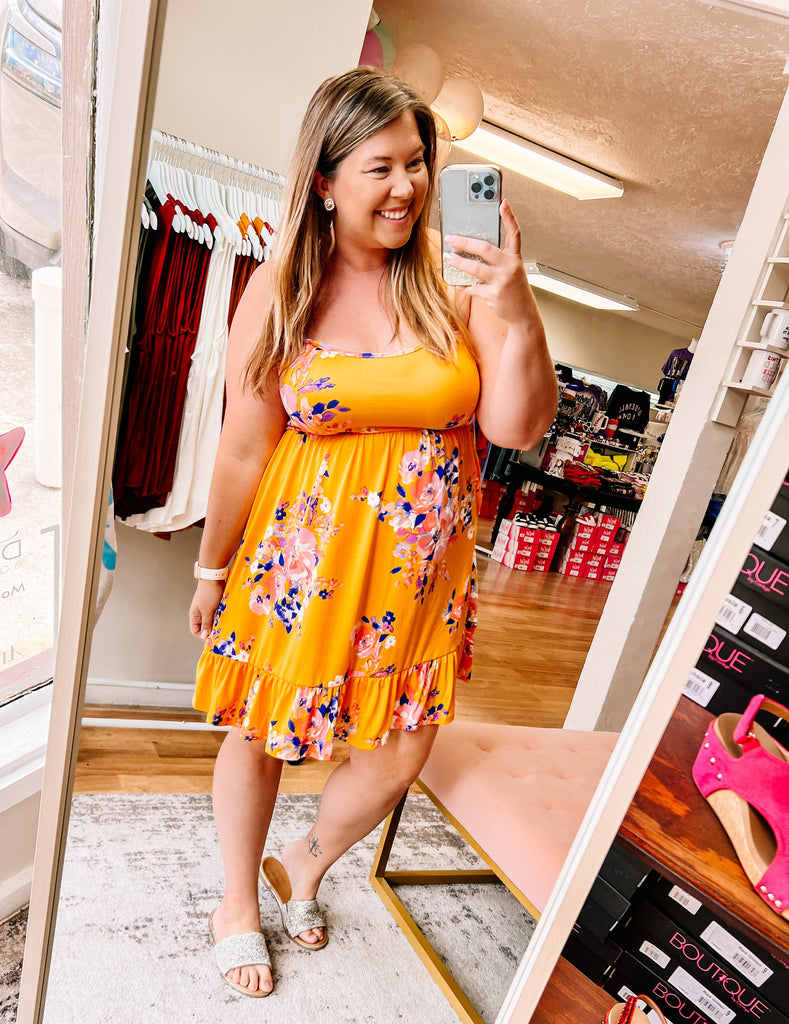 Rory Floral Ruffle Dress - Golden Yellow-Dresses-Dear Me Southern Boutique, located in DeRidder, Louisiana