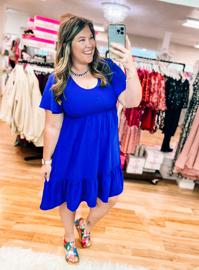 Royal Blue Smocked Fit & Flare Dress-Dresses-Dear Me Southern Boutique, located in DeRidder, Louisiana