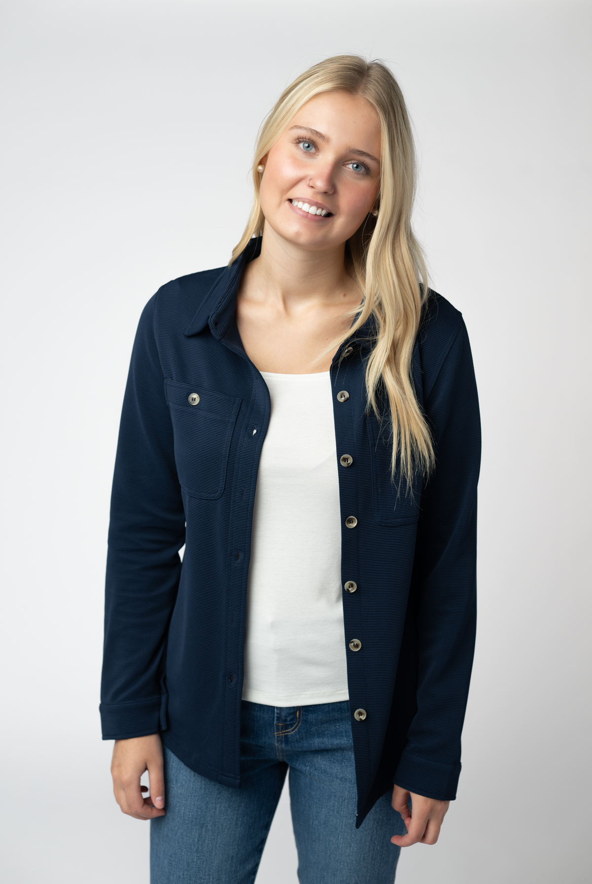 Ryleigh Ribbed Button Down - Navy-Dear Me Southern Boutique, located in DeRidder, Louisiana
