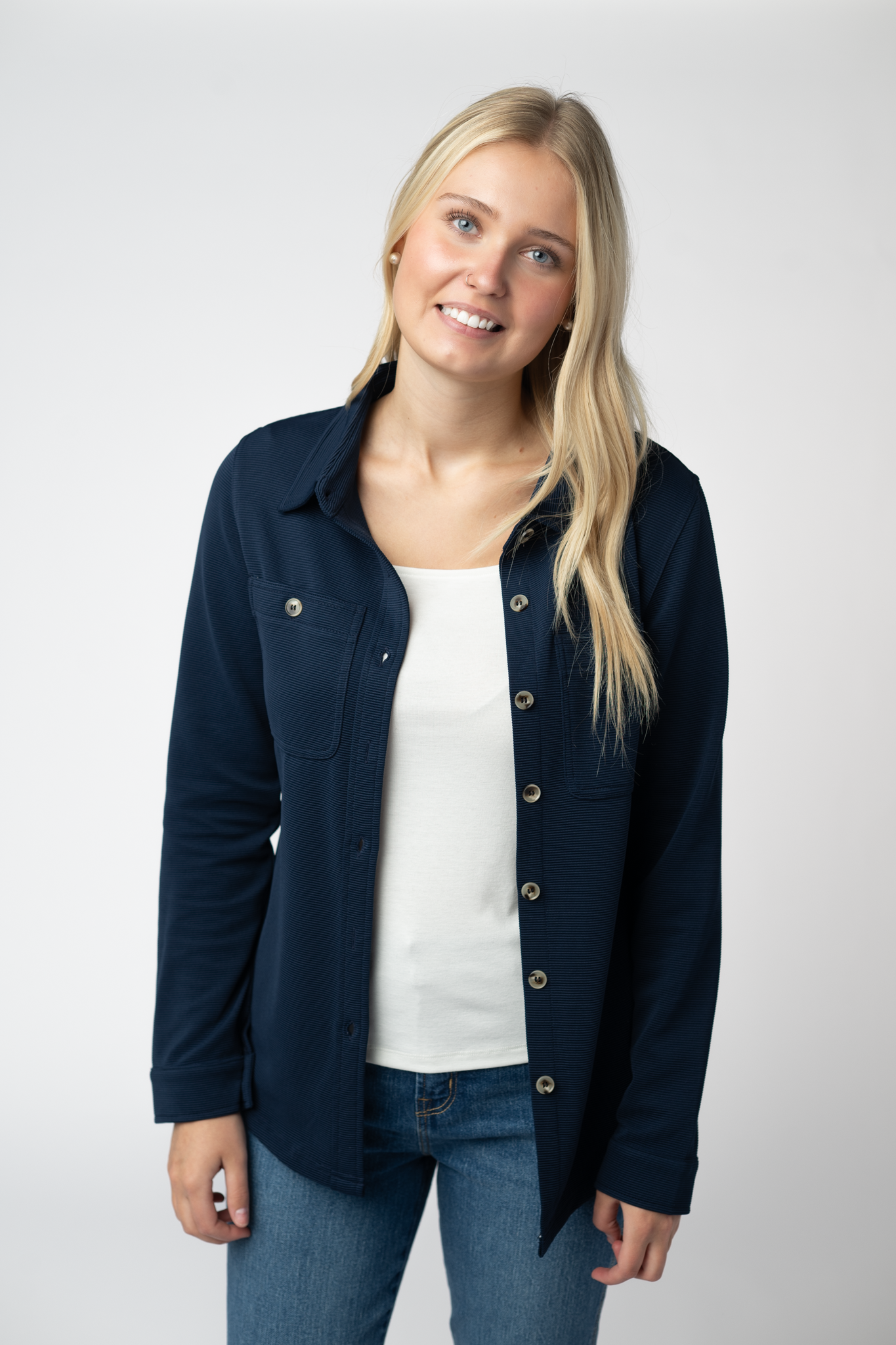 Ryleigh Ribbed Button Down - Navy-Dear Me Southern Boutique, located in DeRidder, Louisiana