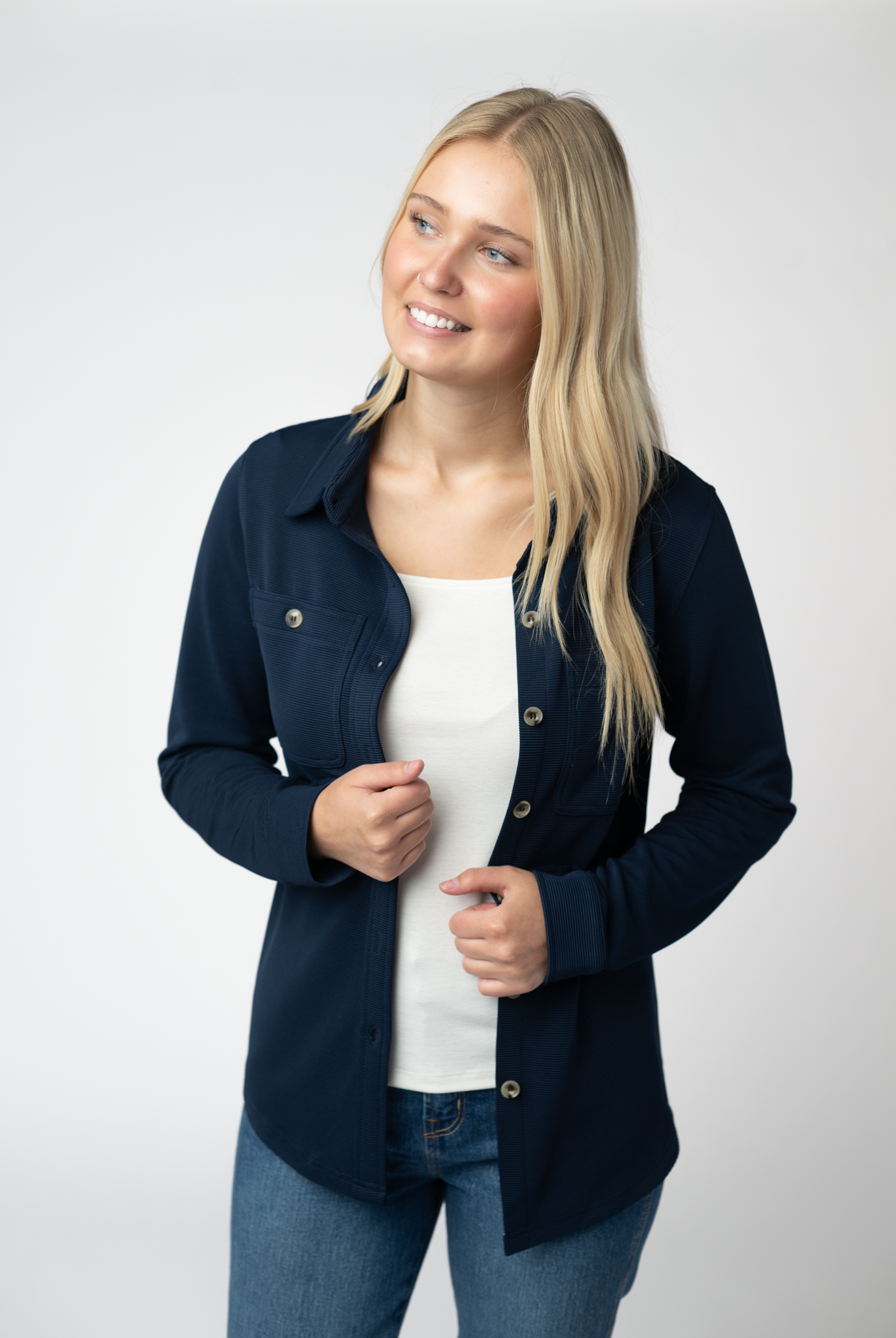 Ryleigh Ribbed Button Down - Navy-Dear Me Southern Boutique, located in DeRidder, Louisiana