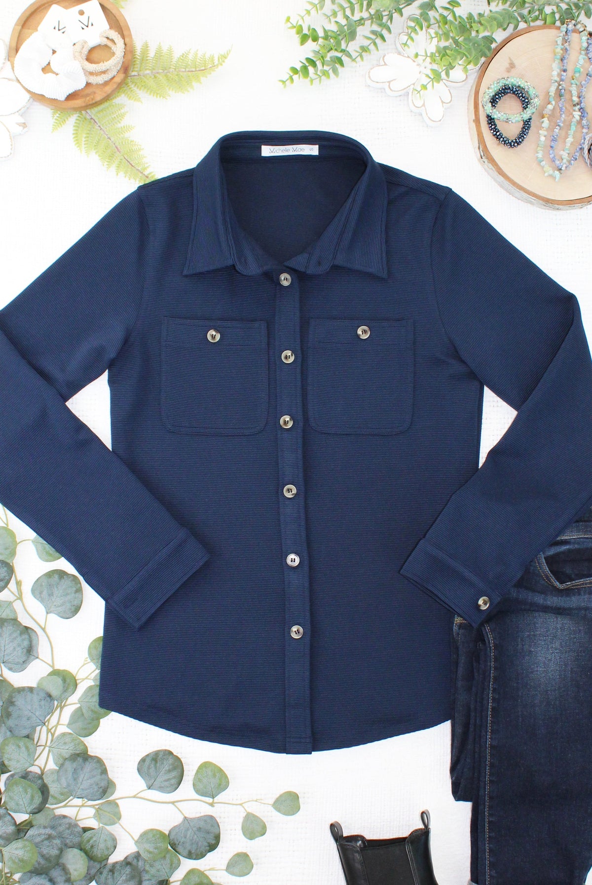 Ryleigh Ribbed Button Down - Navy-Dear Me Southern Boutique, located in DeRidder, Louisiana