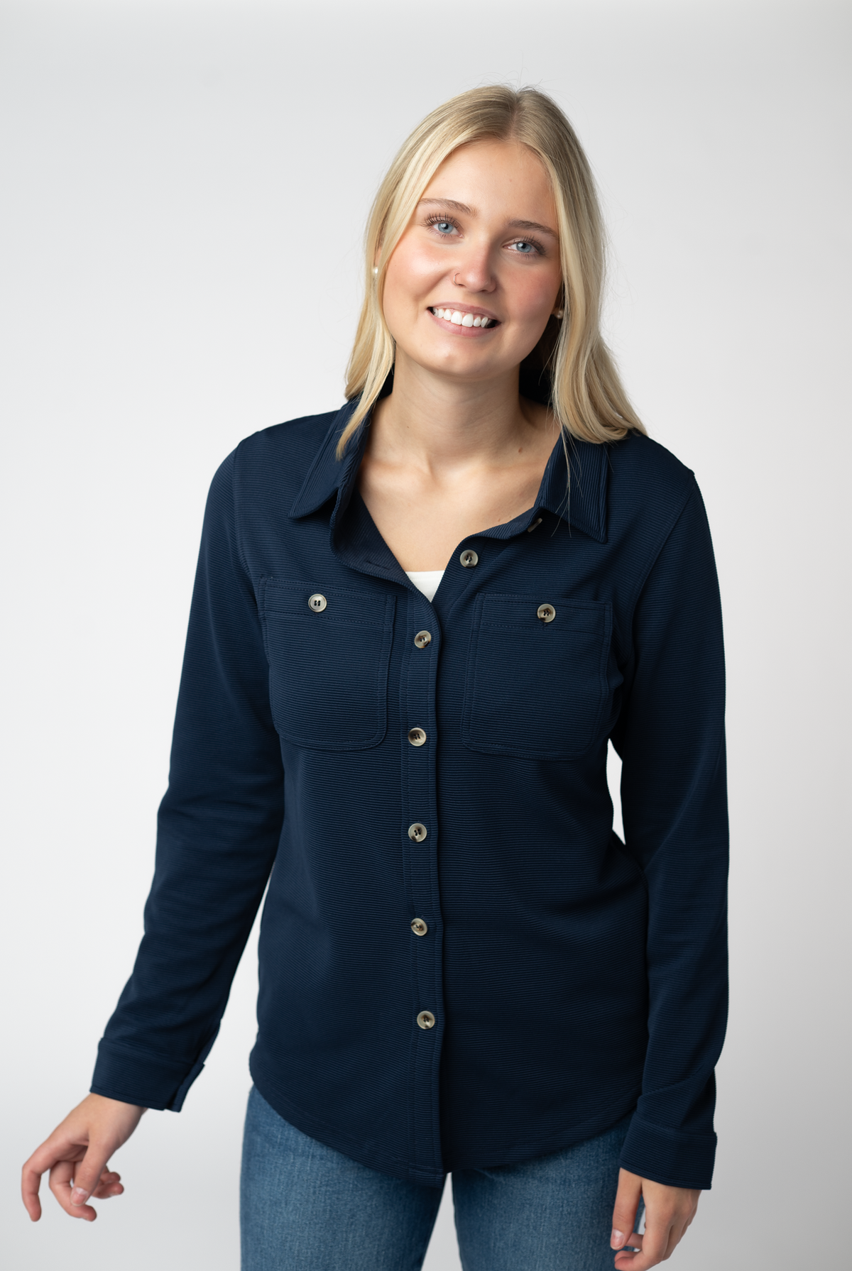 Ryleigh Ribbed Button Down - Navy-Outerwear/Jackets/Shackets-Dear Me Southern Boutique, located in DeRidder, Louisiana