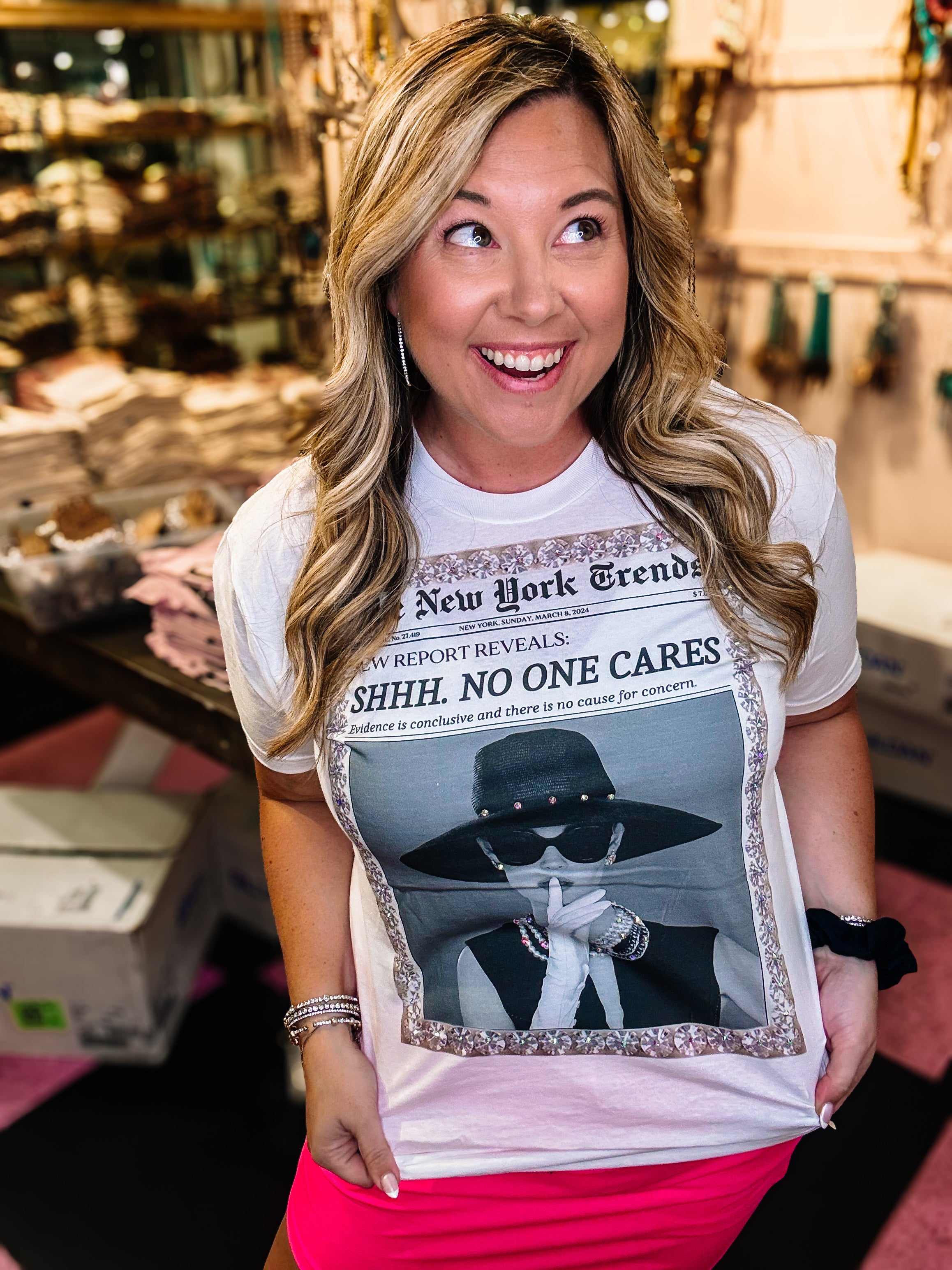SHHH No One Cares Bougie Rhinestone Tee-Rhinestone Tee-Dear Me Southern Boutique, located in DeRidder, Louisiana