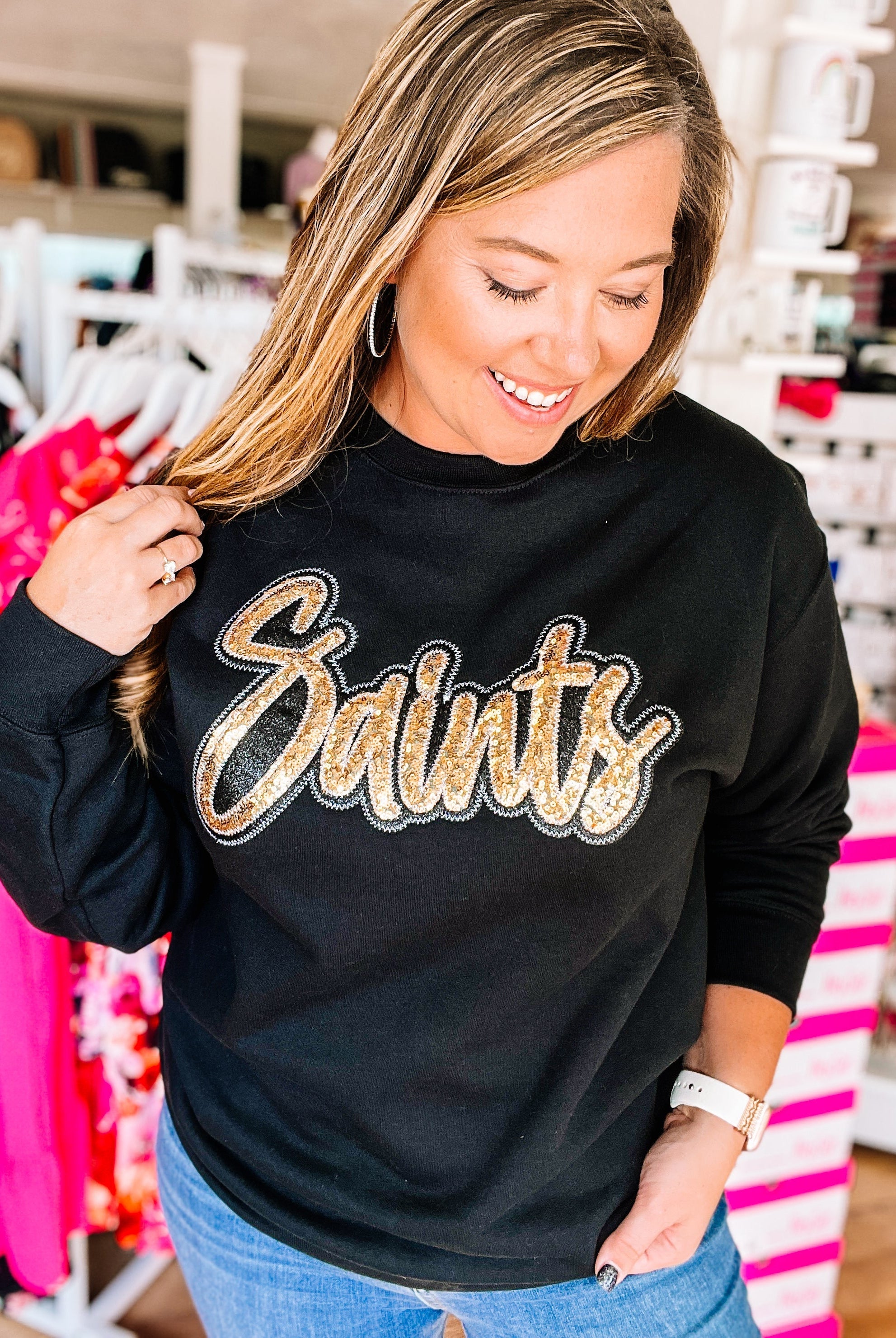 Saints Sequin Spirit Crewneck-Sweaters-Dear Me Southern Boutique, located in DeRidder, Louisiana
