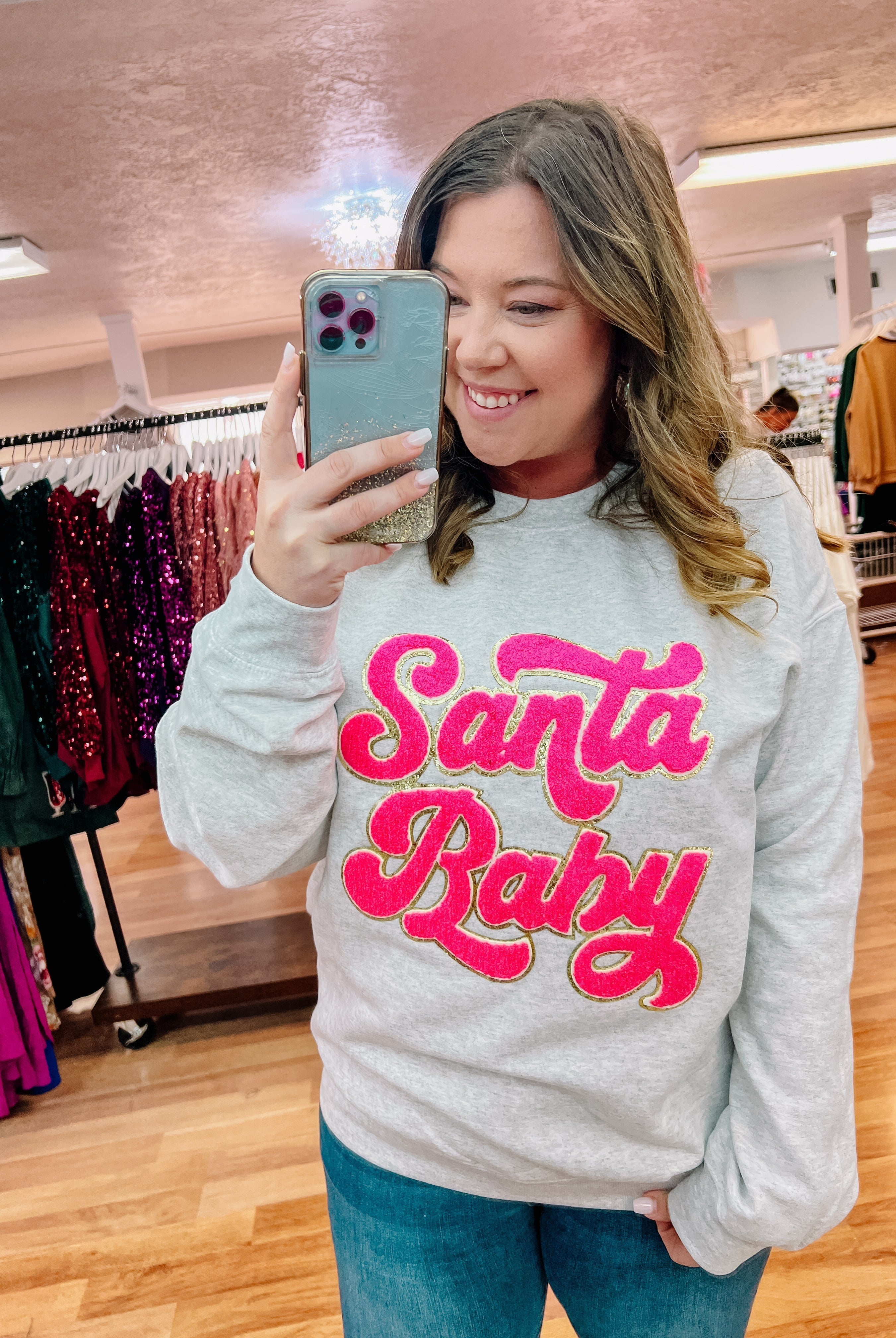 Santa Baby Chenille Patch Crewneck-Graphic Tops-Dear Me Southern Boutique, located in DeRidder, Louisiana