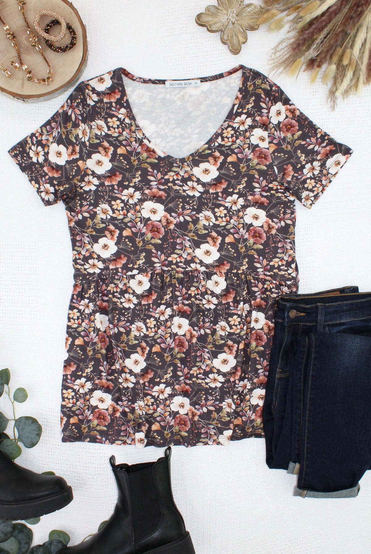 Sarah Ruffle Short Sleeve - Blushwood Floral-Tops-Dear Me Southern Boutique, located in DeRidder, Louisiana