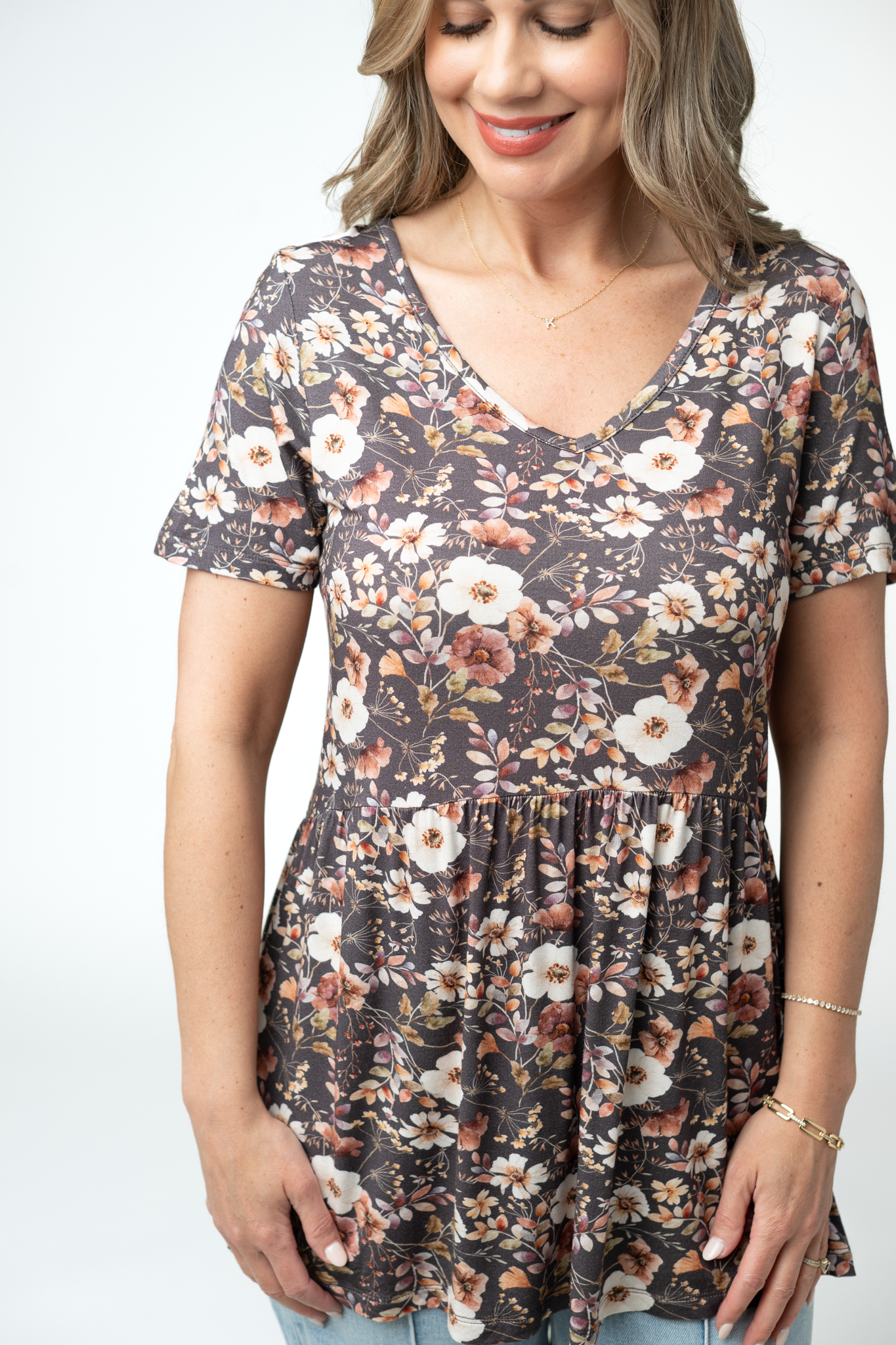 Sarah Ruffle Short Sleeve - Blushwood Floral-Tops-Dear Me Southern Boutique, located in DeRidder, Louisiana