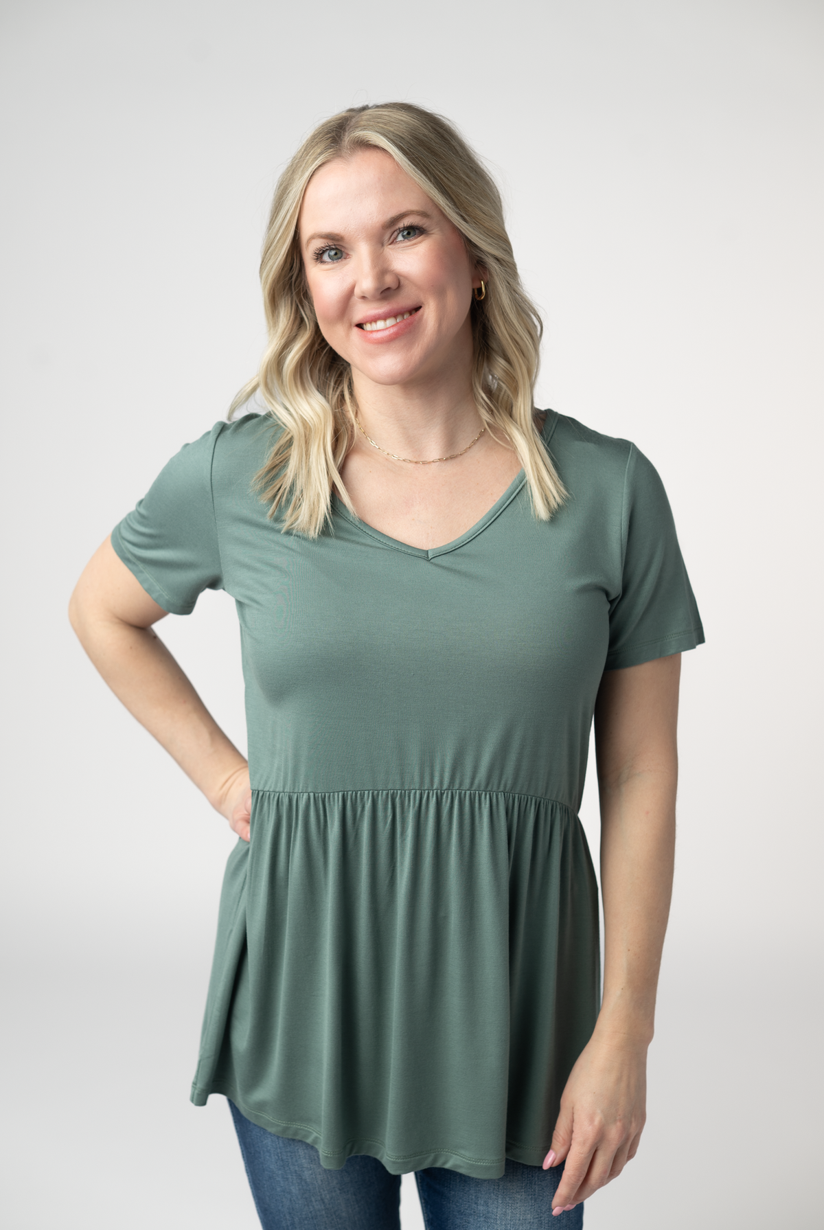 Sarah Ruffle Short Sleeve - Dusty Jade-Tops-Dear Me Southern Boutique, located in DeRidder, Louisiana
