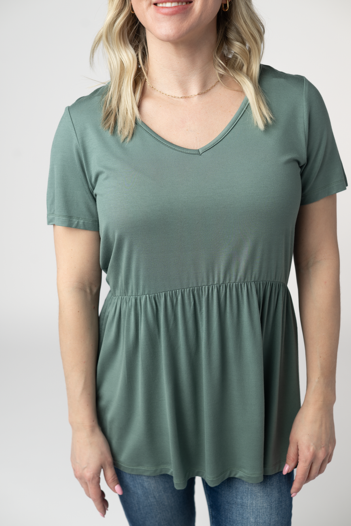 Sarah Ruffle Short Sleeve - Dusty Jade-Tops-Dear Me Southern Boutique, located in DeRidder, Louisiana
