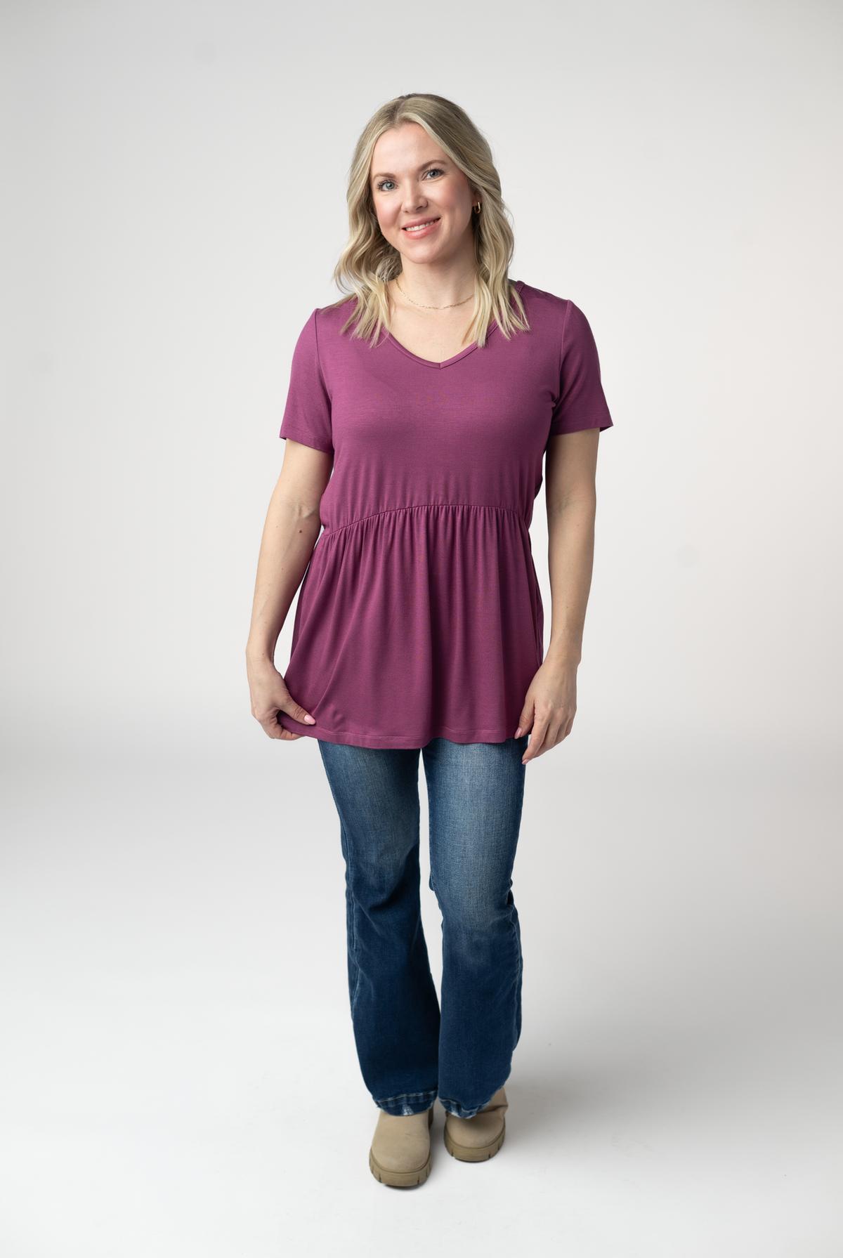 Sarah Ruffle Short Sleeve - Mulberry-Tops-Dear Me Southern Boutique, located in DeRidder, Louisiana