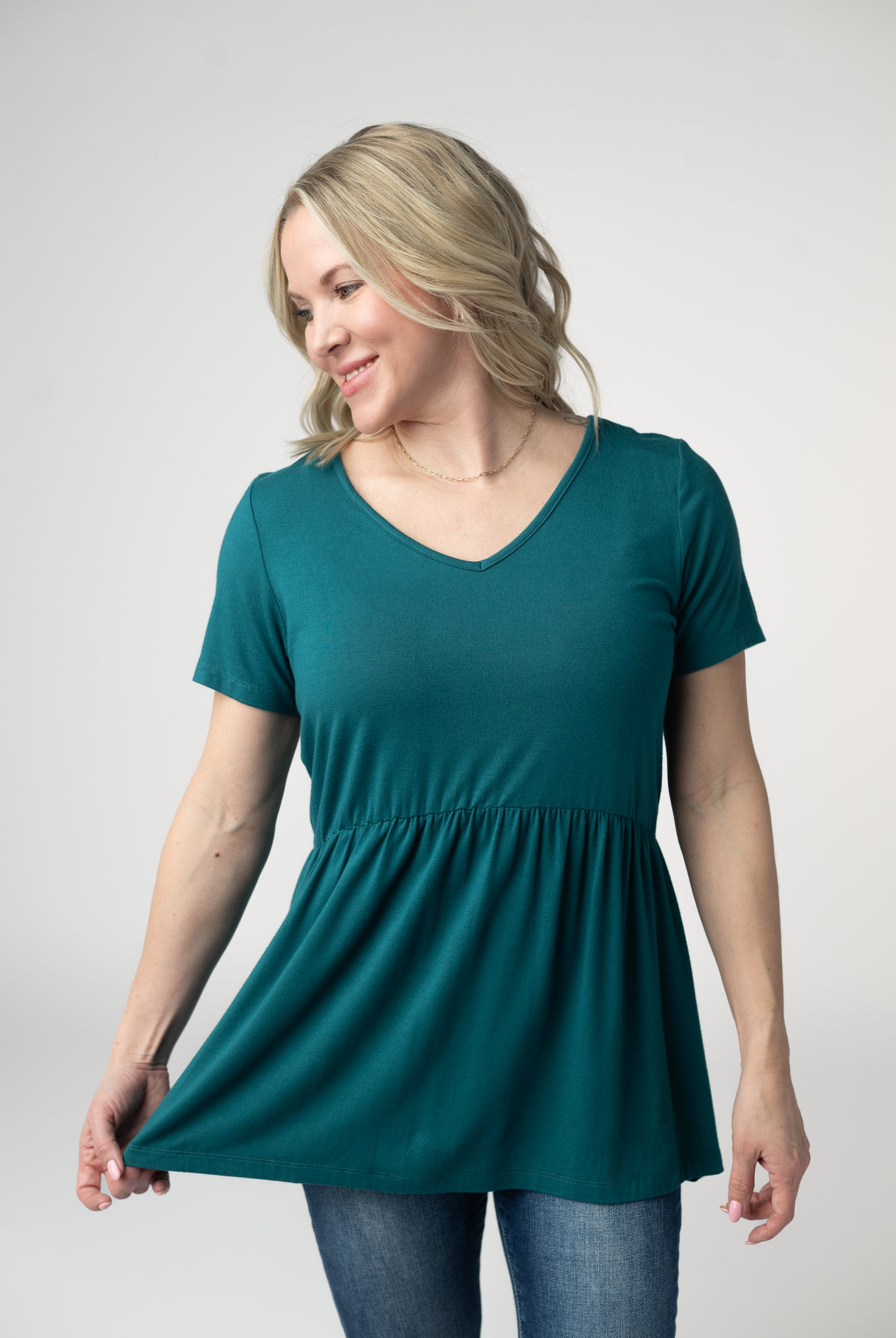Sarah Ruffle Short Sleeve - Teal-Tops-Dear Me Southern Boutique, located in DeRidder, Louisiana
