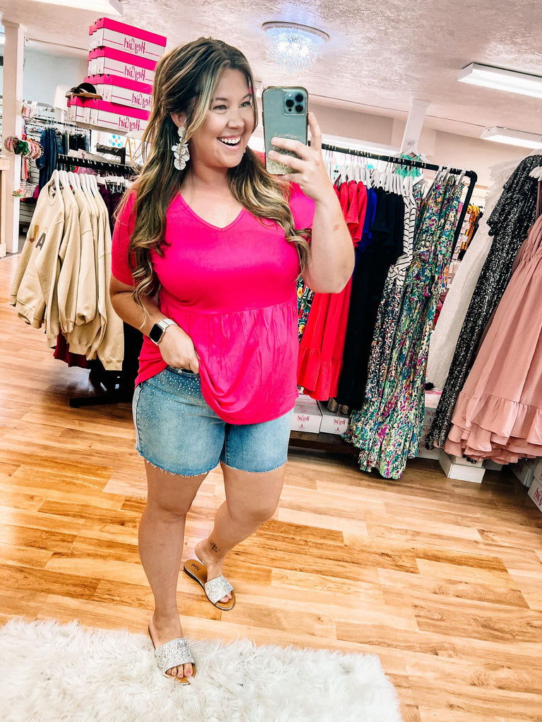 Sarah Ruffle Top- Hot Pink-Tops-Dear Me Southern Boutique, located in DeRidder, Louisiana