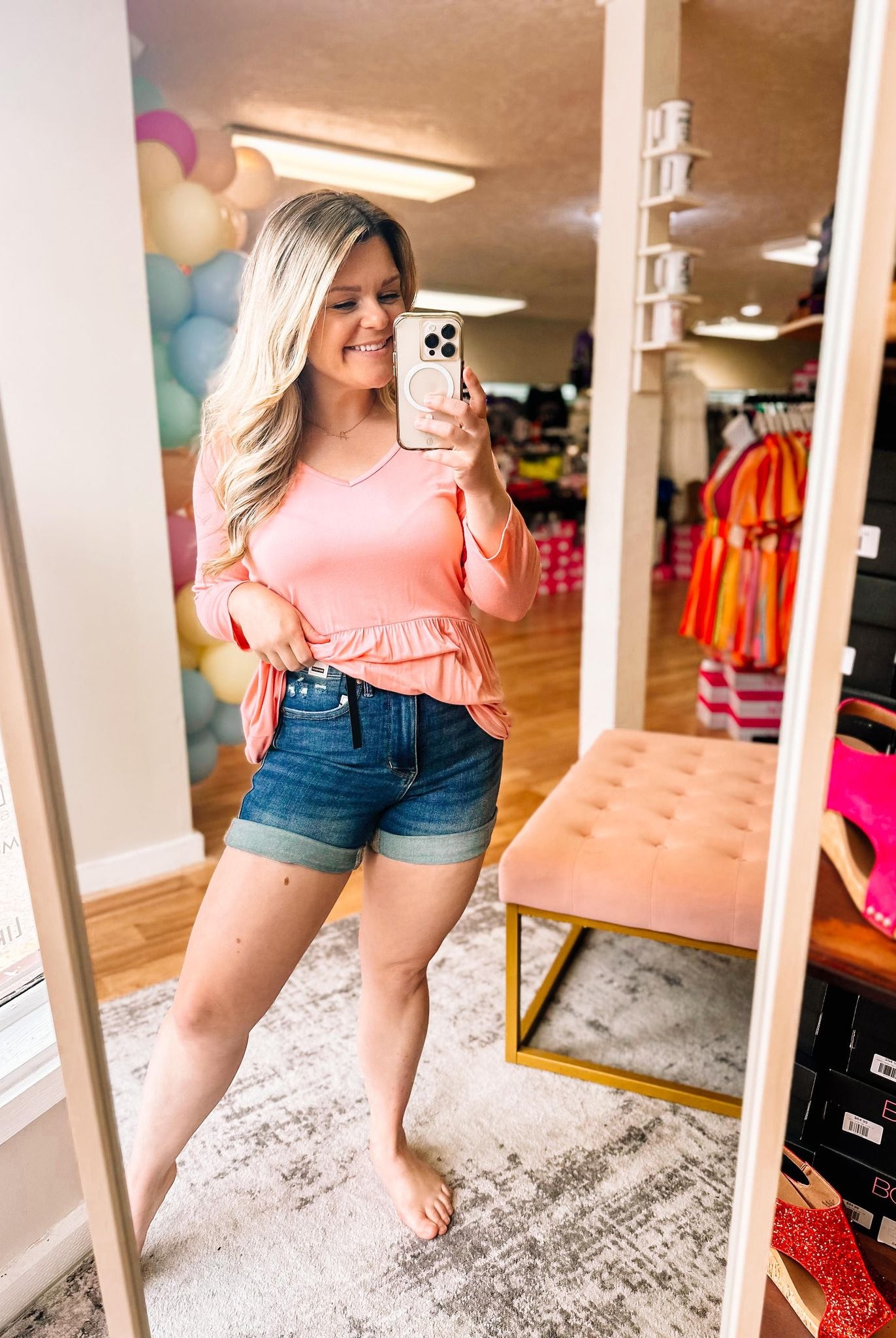 Sarah Ruffle Top- Pink-Short Sleeves-Dear Me Southern Boutique, located in DeRidder, Louisiana