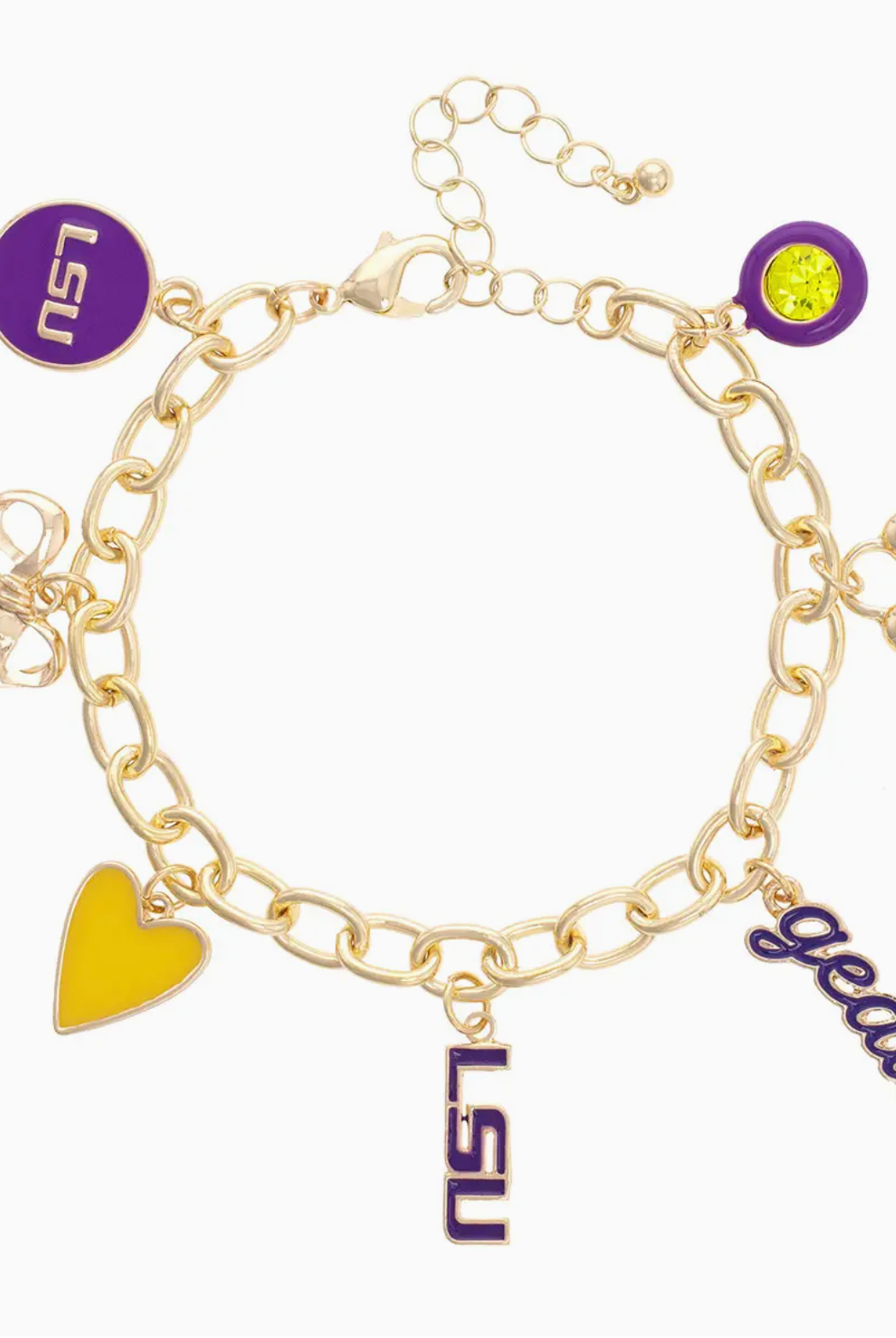 Saturday Night Sparkle LSU Enamel Multi-Charm Bracelet-Dear Me Southern Boutique, located in DeRidder, Louisiana