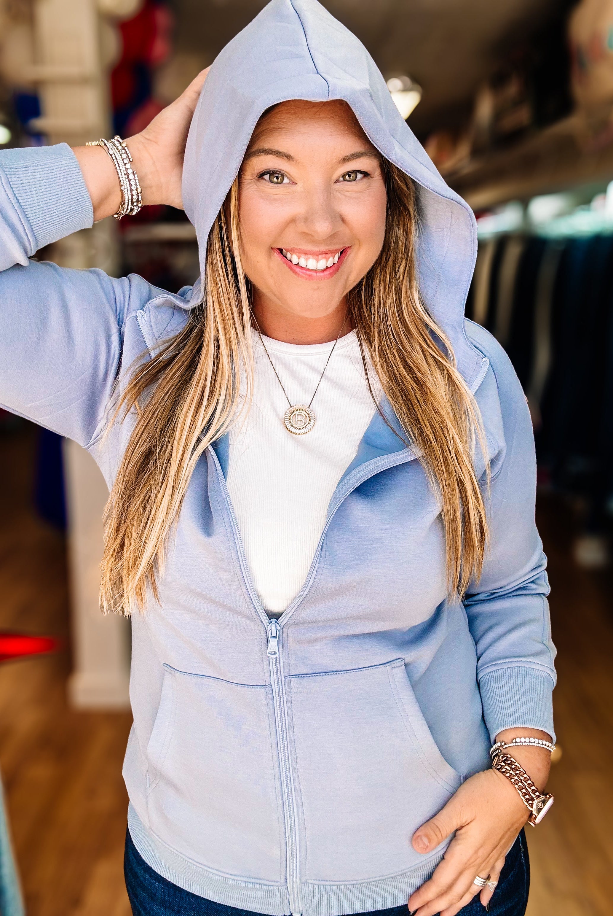 Scuba Full Zip Hoodie- Dusty Blue-Sweaters-Dear Me Southern Boutique, located in DeRidder, Louisiana