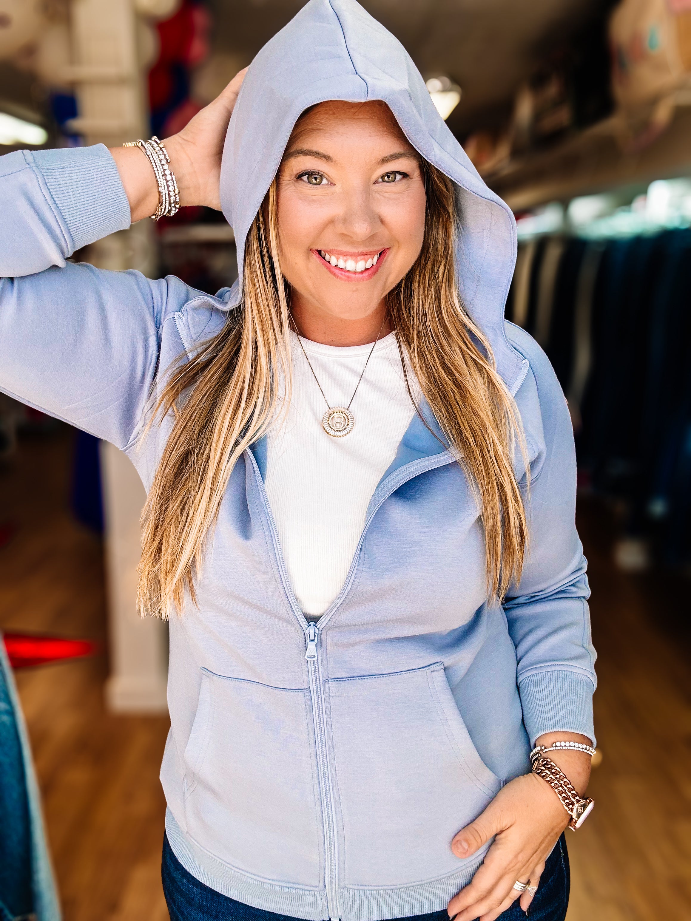 Scuba Full Zip Hoodie- Dusty Blue-Sweaters-Dear Me Southern Boutique, located in DeRidder, Louisiana