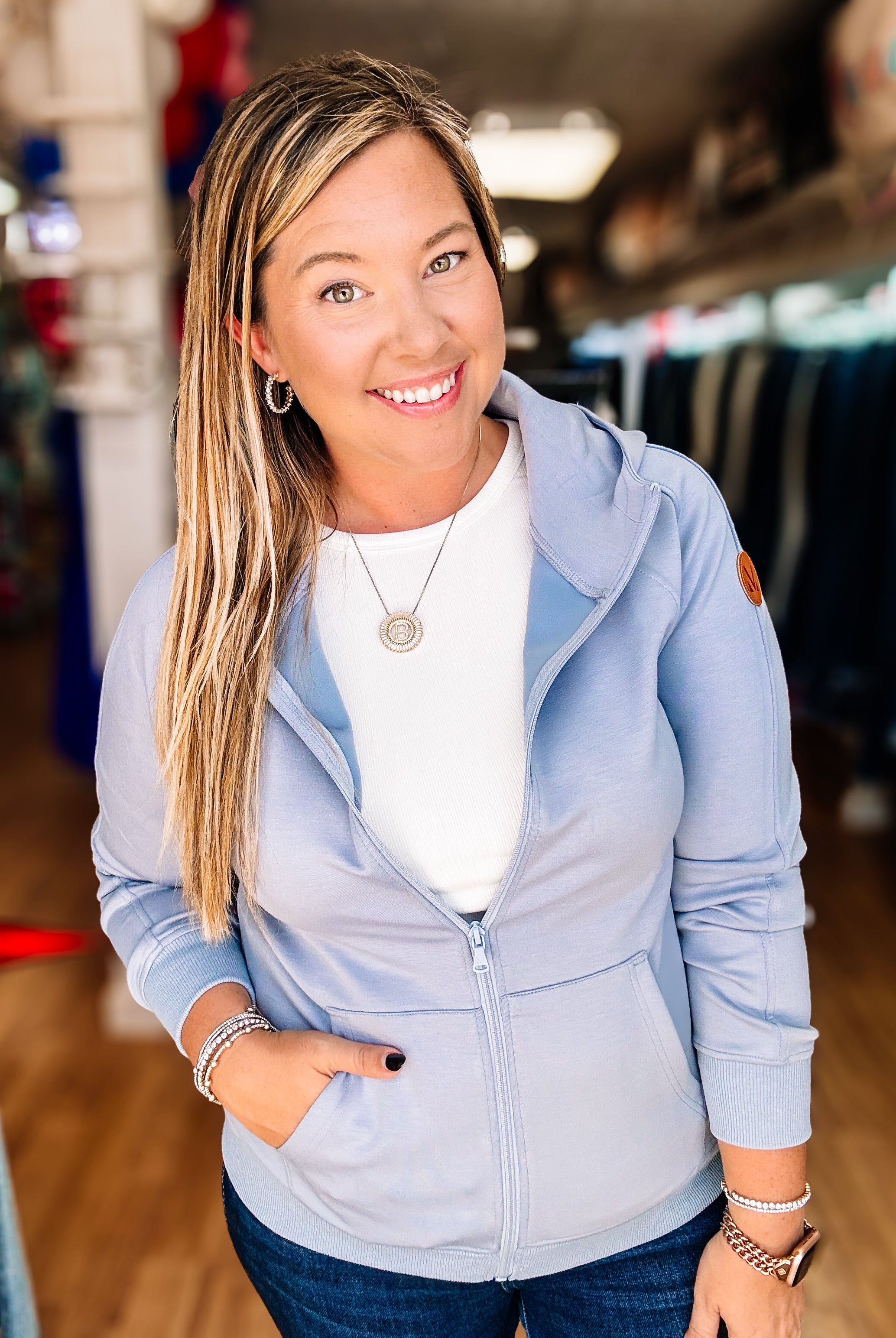 Scuba Full Zip Hoodie- Dusty Blue-Sweaters-Dear Me Southern Boutique, located in DeRidder, Louisiana