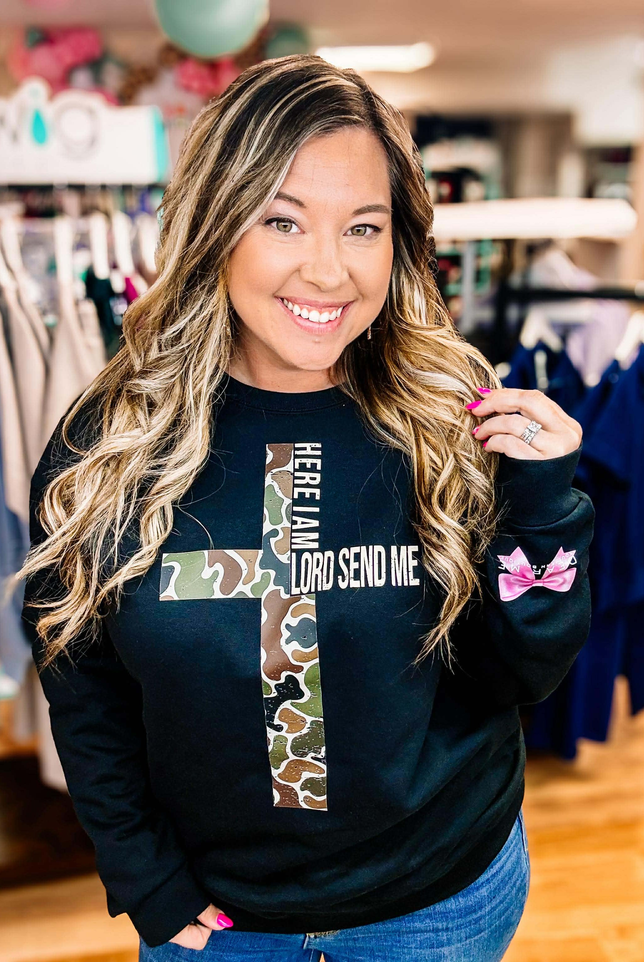 Send Me Camo Cross Sweatshirt-Sweaters-Dear Me Southern Boutique, located in DeRidder, Louisiana