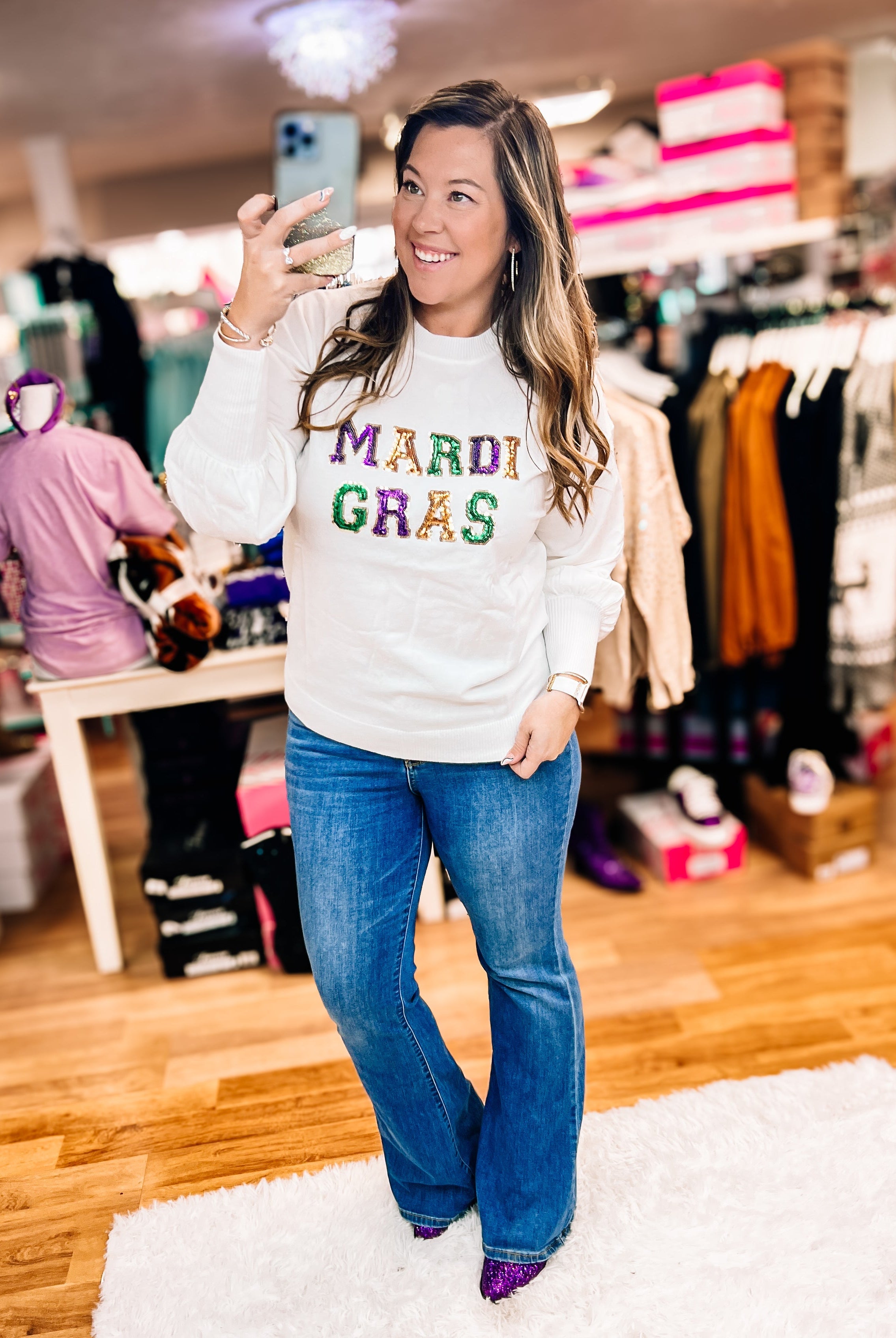 Sequin Mardi Gras Crew Neck - White-Sweaters-Dear Me Southern Boutique, located in DeRidder, Louisiana