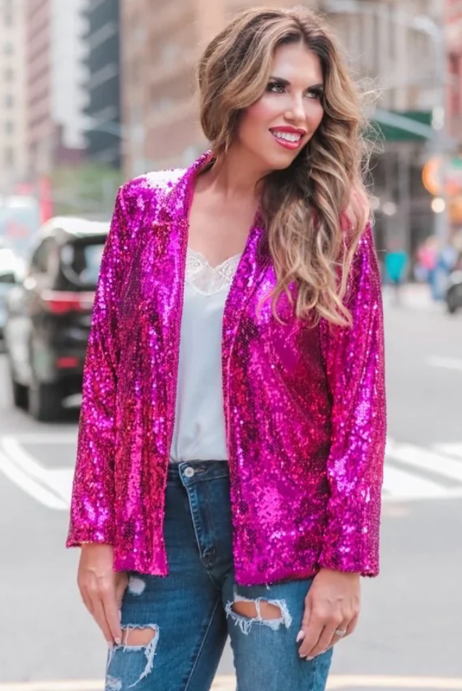 Sequin & The City Blazer - Hot Pink-Blazers-Dear Me Southern Boutique, located in DeRidder, Louisiana
