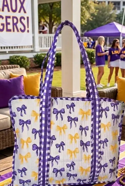 Sideline Social Bow LSU Tote Bag-Tote Bags-Dear Me Southern Boutique, located in DeRidder, Louisiana