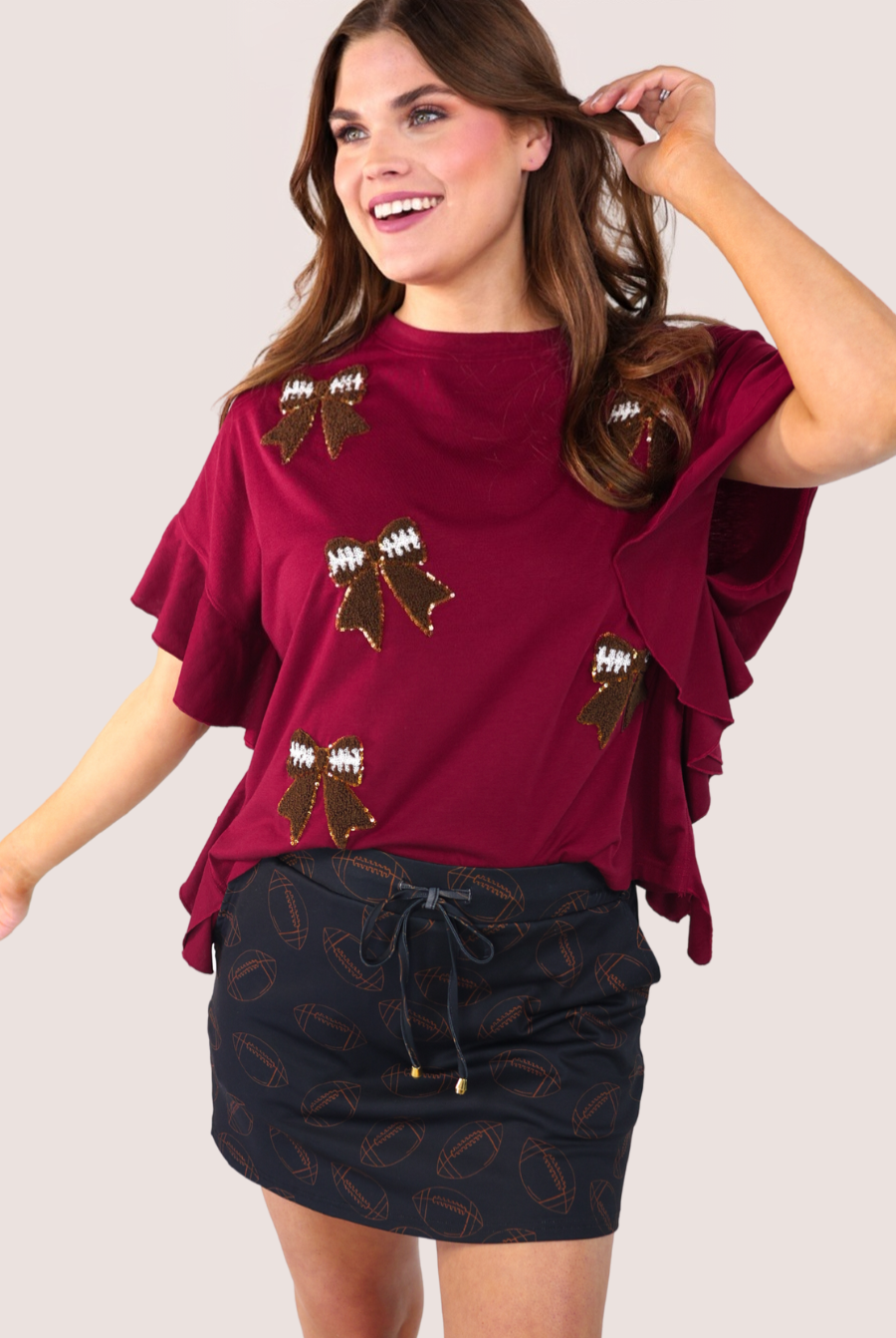 Sideline Sparkle Ruffle Top, Maroon-Top-Dear Me Southern Boutique, located in DeRidder, Louisiana