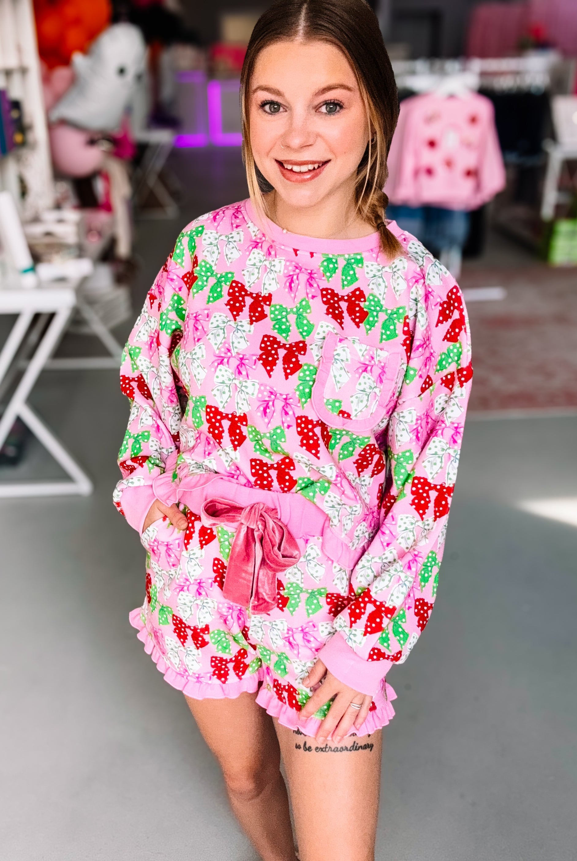Simply Southern Pretty In Bows & Dots Ruffle Pajama Set-Pajamas-Dear Me Southern Boutique, located in DeRidder, Louisiana
