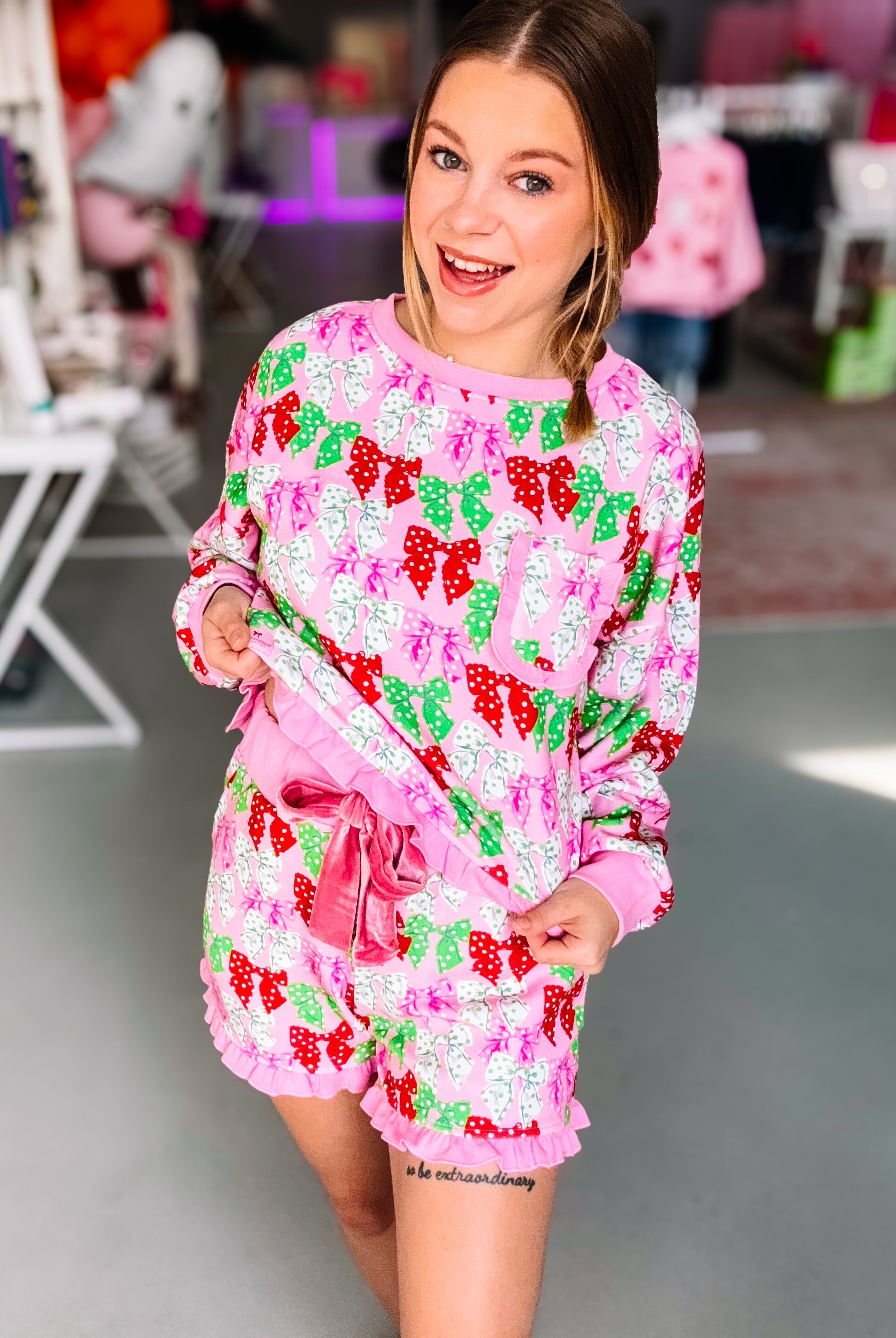 Simply Southern Pretty In Bows & Dots Ruffle Pajama Set-Pajamas-Dear Me Southern Boutique, located in DeRidder, Louisiana