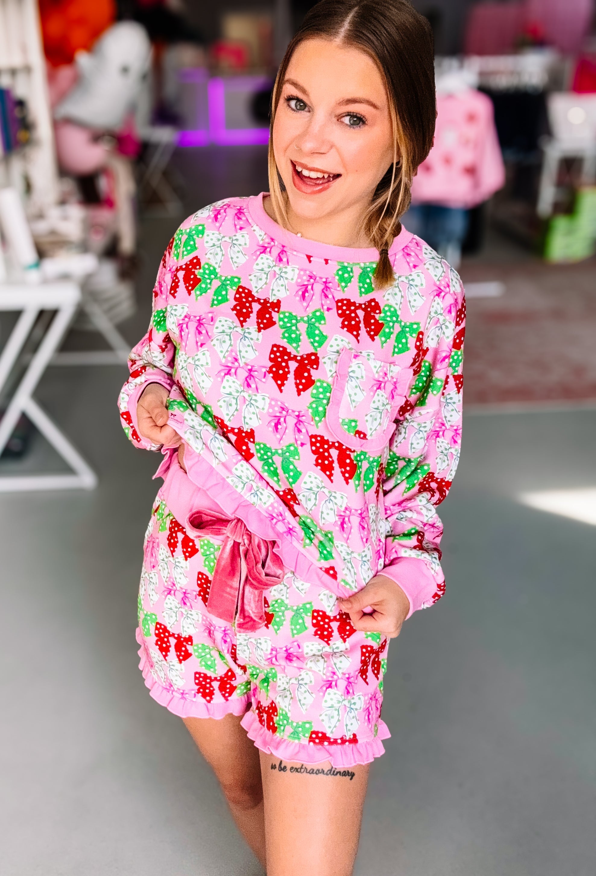 Simply Southern Pretty In Bows & Dots Ruffle Pajama Set-Pajamas-Dear Me Southern Boutique, located in DeRidder, Louisiana