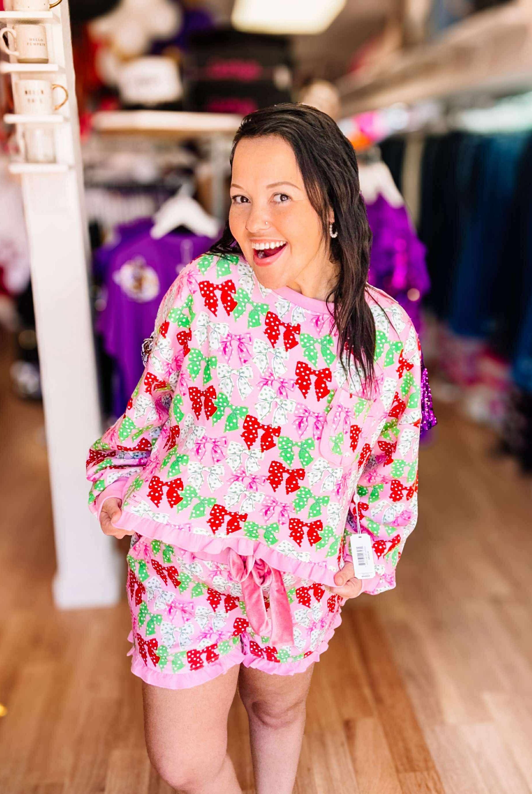 Simply Southern Pretty In Bows & Dots Ruffle Pajama Set-Pajamas-Dear Me Southern Boutique, located in DeRidder, Louisiana