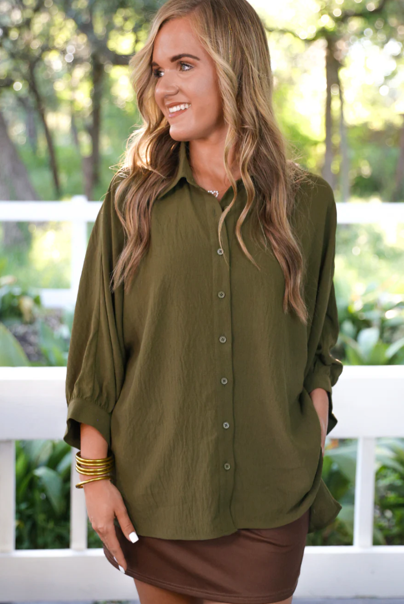 Sloane Button Up Top - Olive-Dear Me Southern Boutique, located in DeRidder, Louisiana