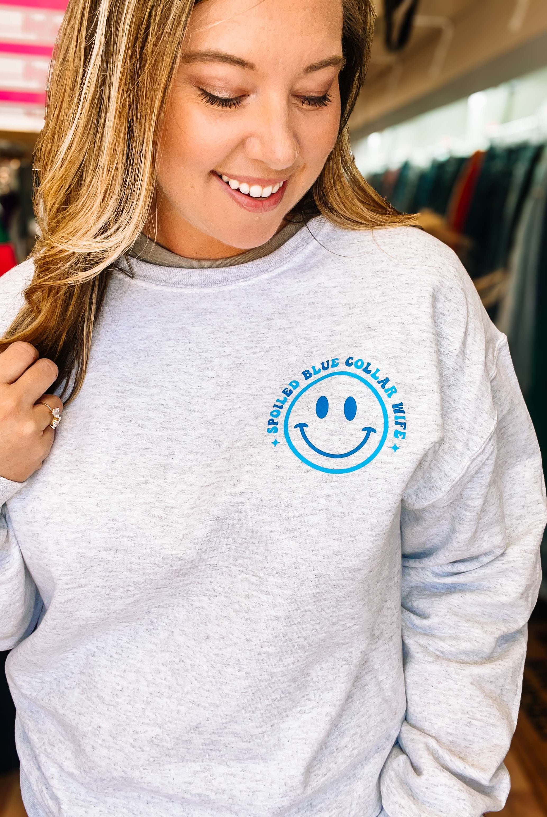 Spoiled Blue Collar Wife Sweatshirt-Graphic Tops-Dear Me Southern Boutique, located in DeRidder, Louisiana