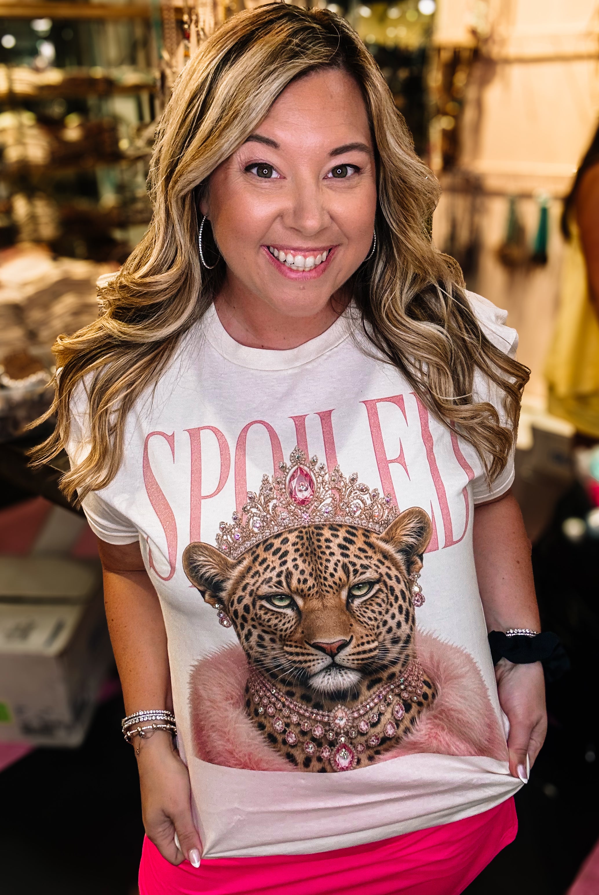 Spoiled Cheetah Bougie Rhinestone Tee-Dear Me Southern Boutique, located in DeRidder, Louisiana