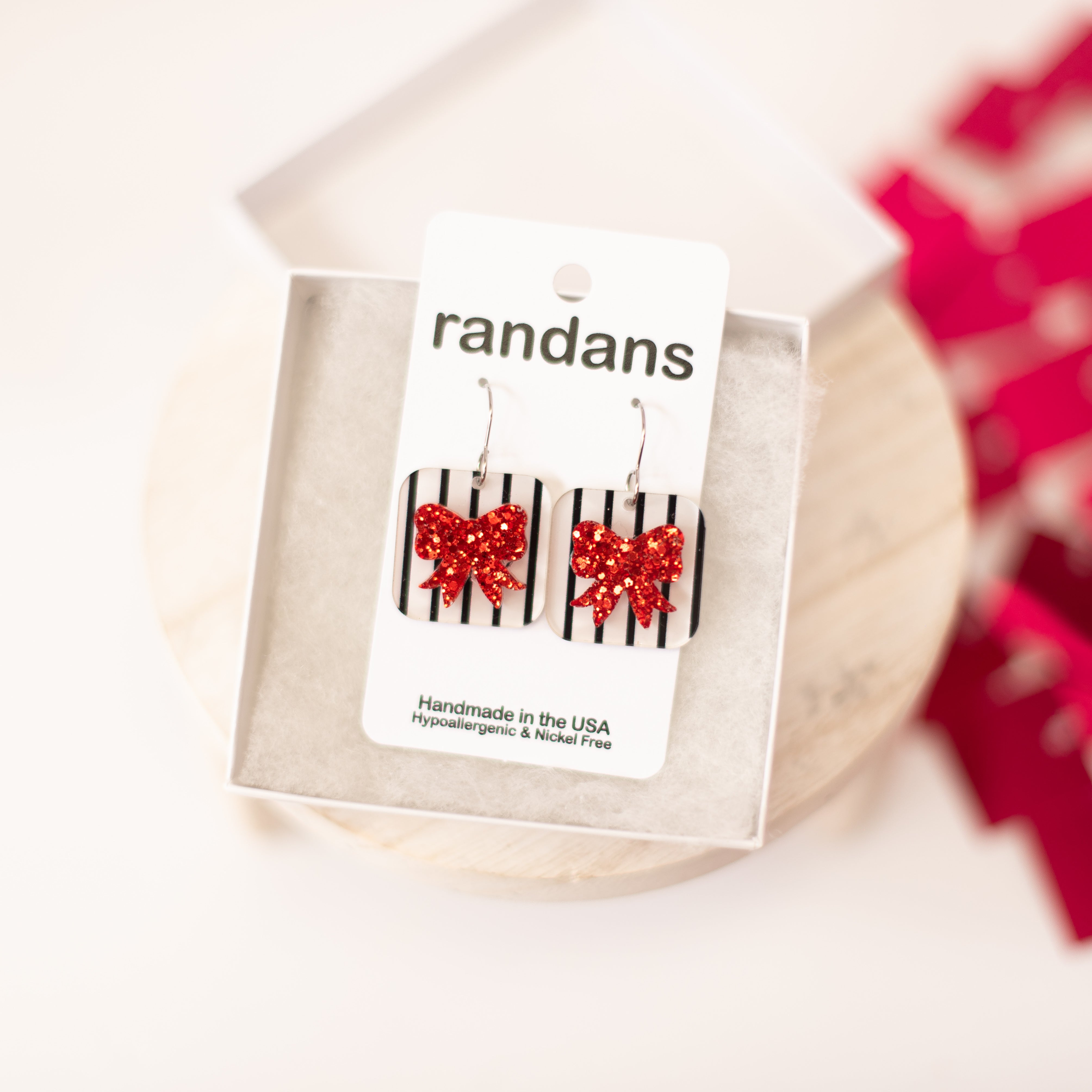 Square Coquette Mini Bow Randans- Red-Earrings-Dear Me Southern Boutique, located in DeRidder, Louisiana