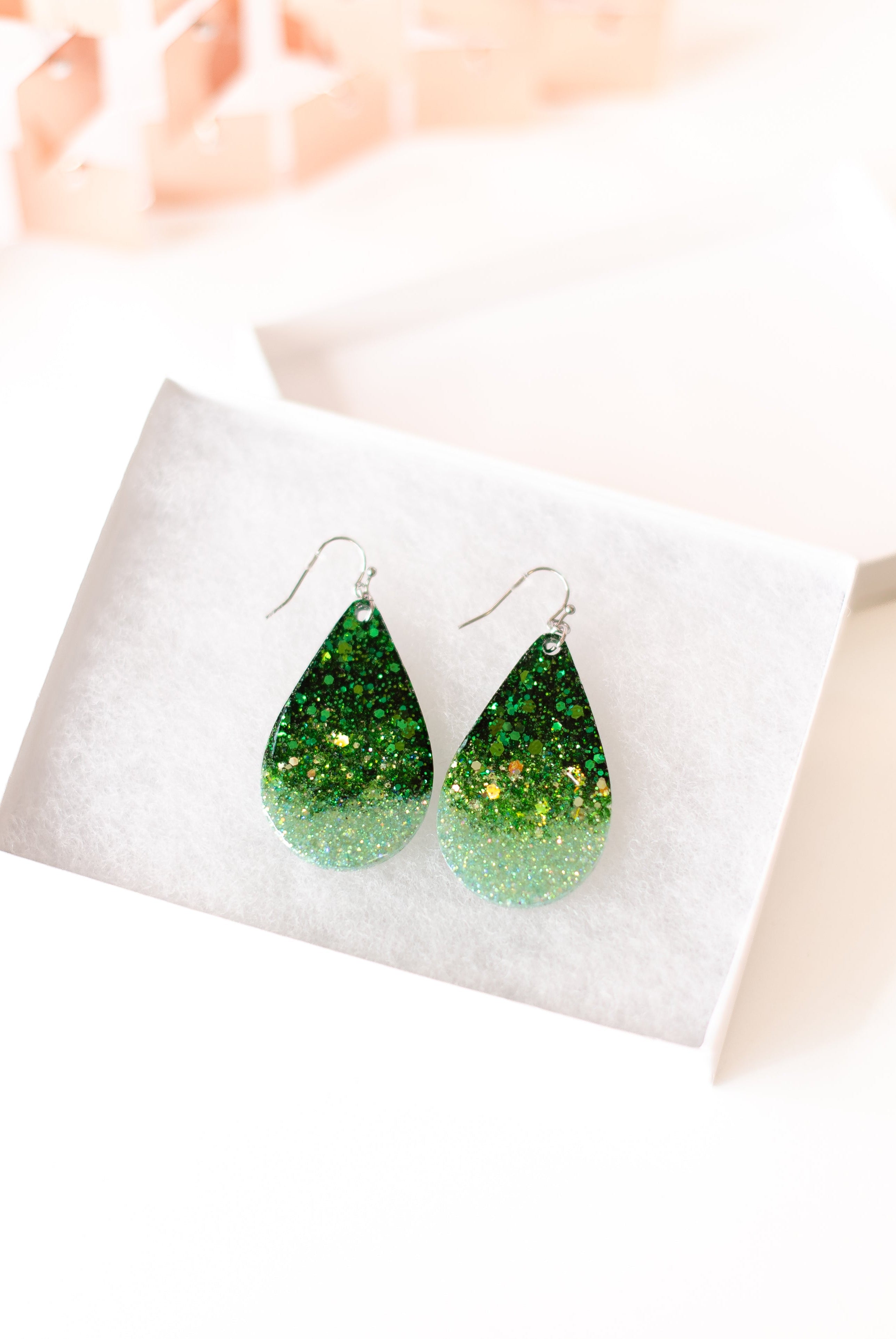 St. Patty Ombre Glitter Randans Dangles-Earrings-Dear Me Southern Boutique, located in DeRidder, Louisiana