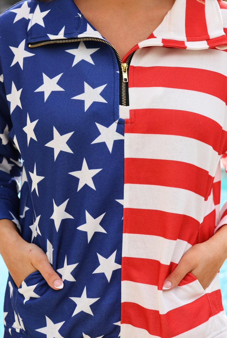 Stars and Stripes Quarter Zip Pullover-Sweater-Dear Me Southern Boutique, located in DeRidder, Louisiana