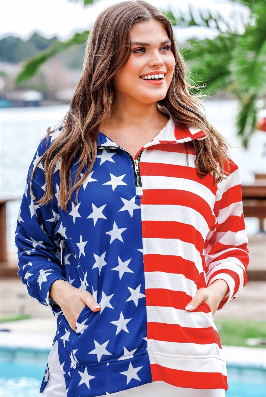 Stars and Stripes Quarter Zip Pullover-Sweater-Dear Me Southern Boutique, located in DeRidder, Louisiana