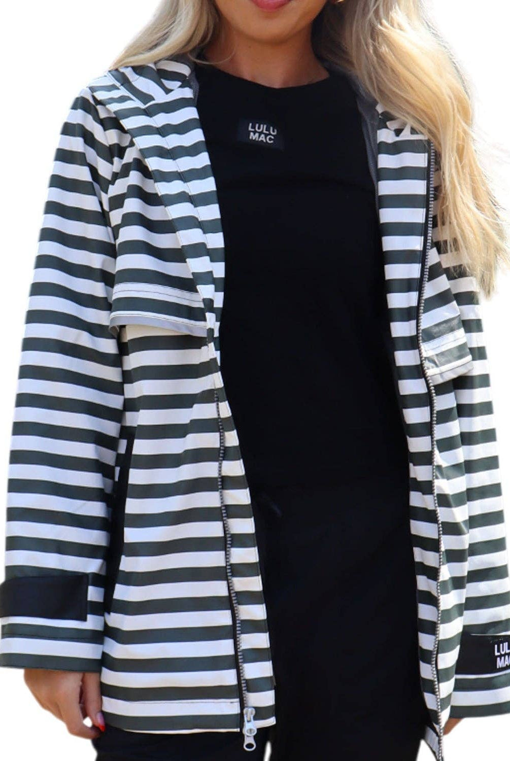 Stripe Me Lucky Rain Jacket-Black/White-Jackets-Dear Me Southern Boutique, located in DeRidder, Louisiana