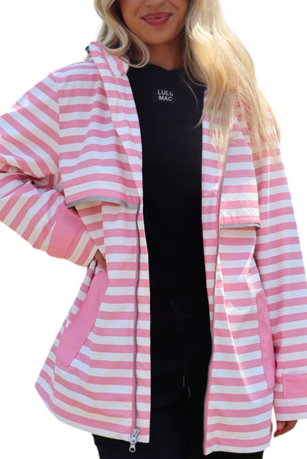 Stripe Me Lucky Rain Jacket-Pink/White-Jackets-Dear Me Southern Boutique, located in DeRidder, Louisiana