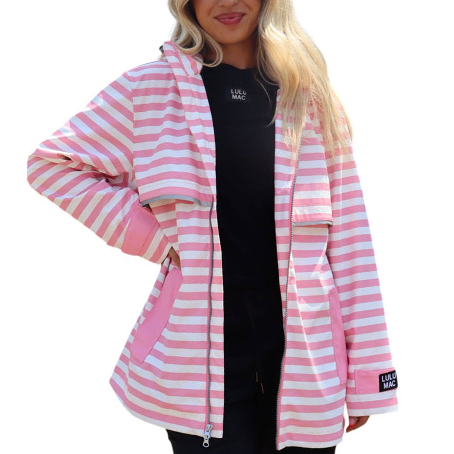 Stripe Me Lucky Rain Jacket-Pink/White-Jackets-Dear Me Southern Boutique, located in DeRidder, Louisiana