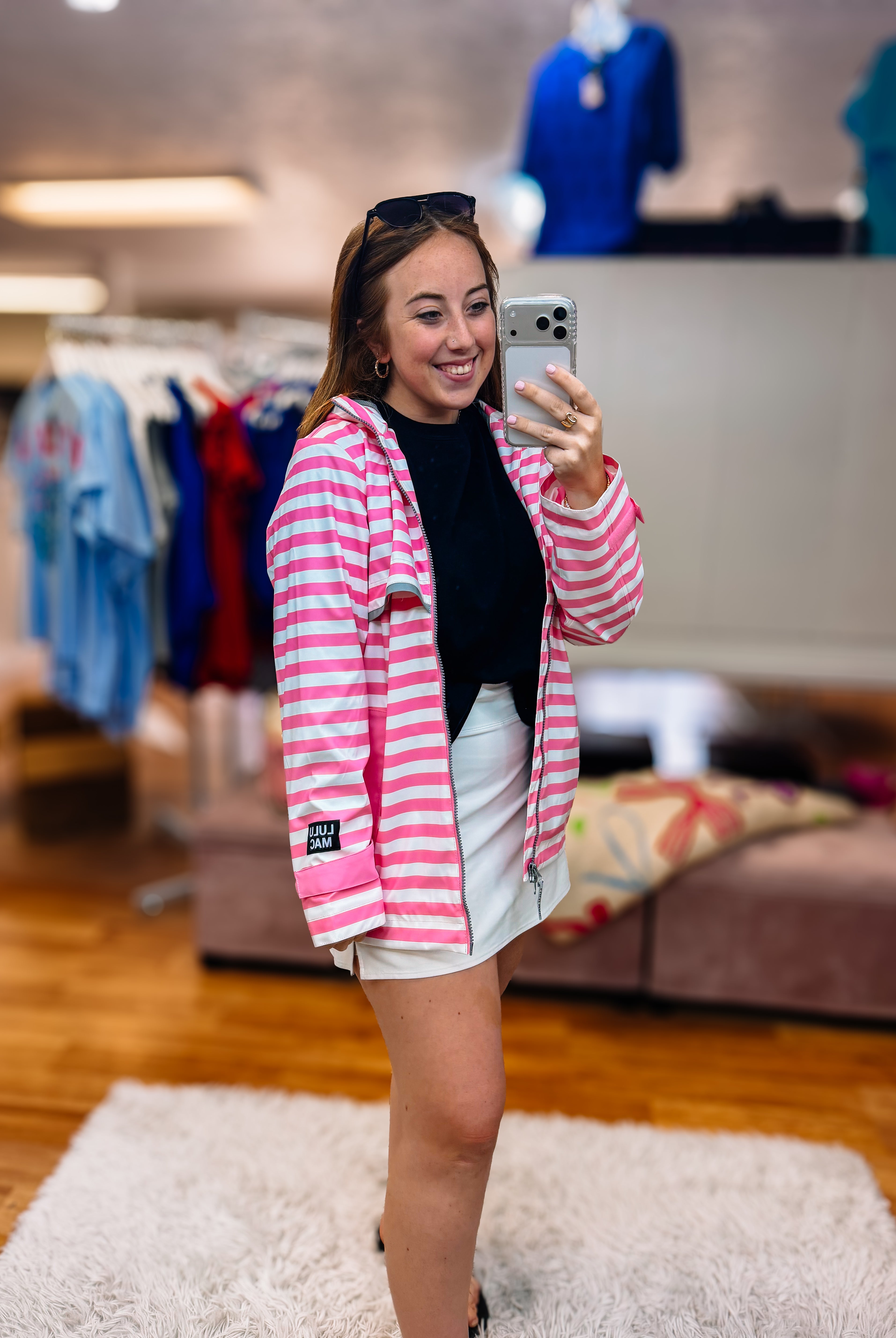 Stripe Me Lucky Rain Jacket-Pink/White-Jackets-Dear Me Southern Boutique, located in DeRidder, Louisiana