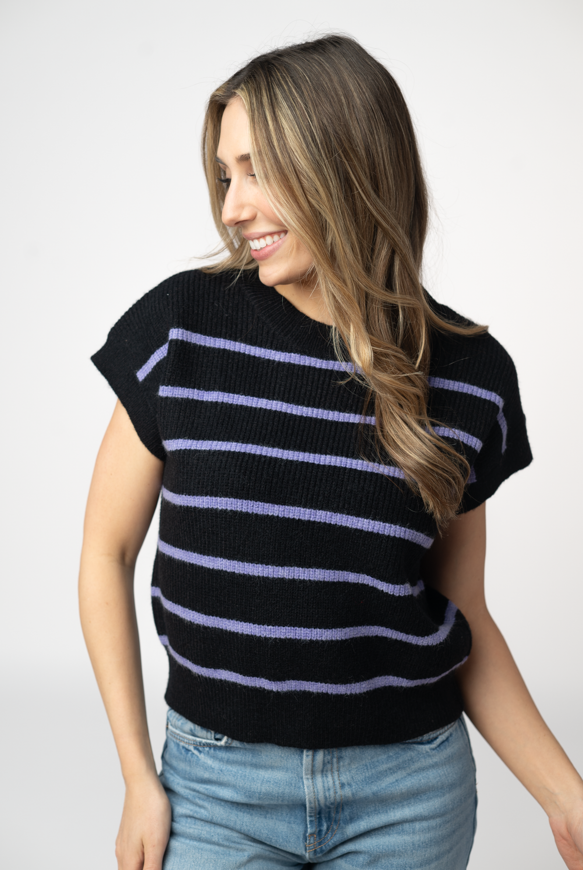 Striped Sweater Top - Black and Purple-Sweaters-Dear Me Southern Boutique, located in DeRidder, Louisiana