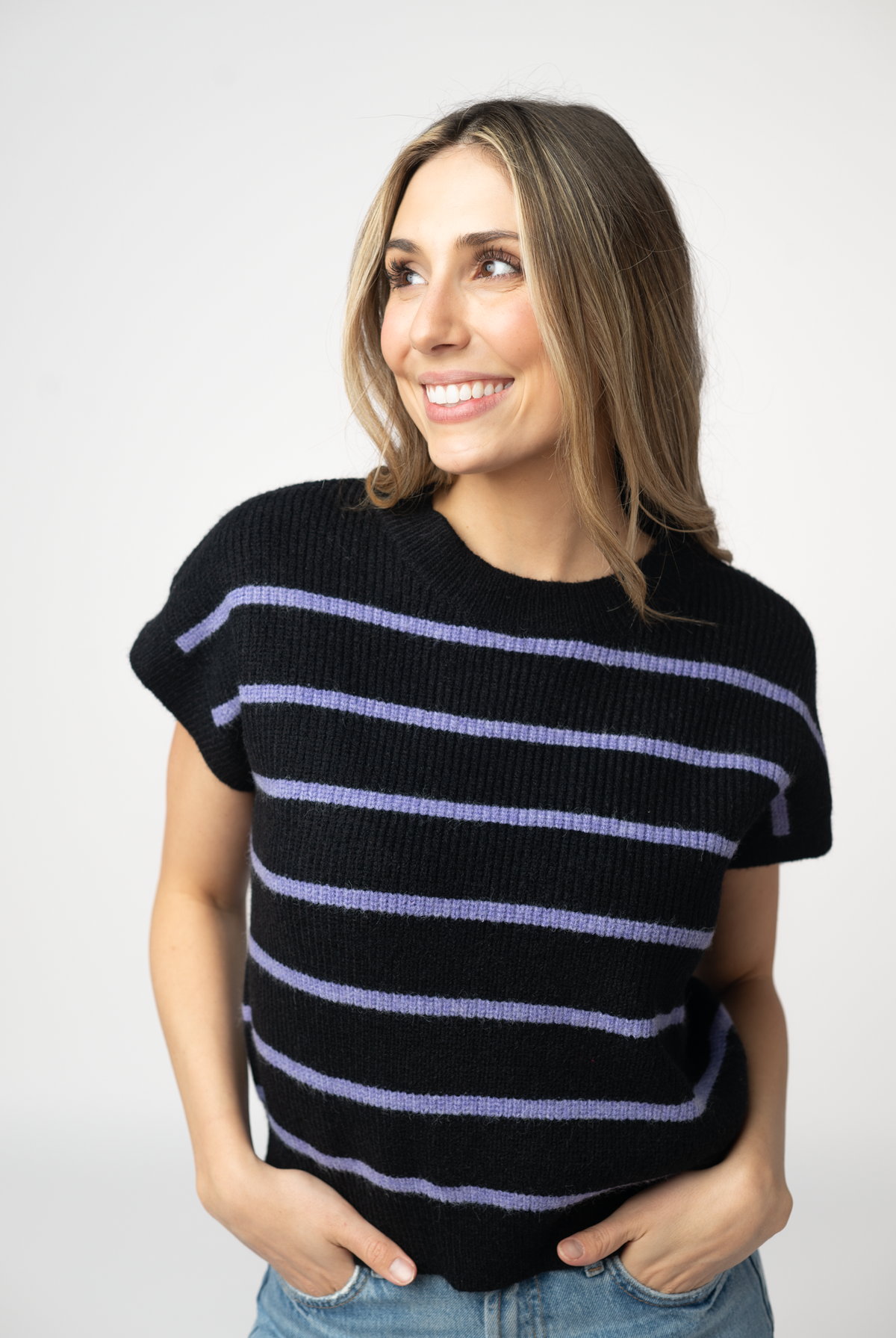 Striped Sweater Top - Black and Purple-Sweaters-Dear Me Southern Boutique, located in DeRidder, Louisiana